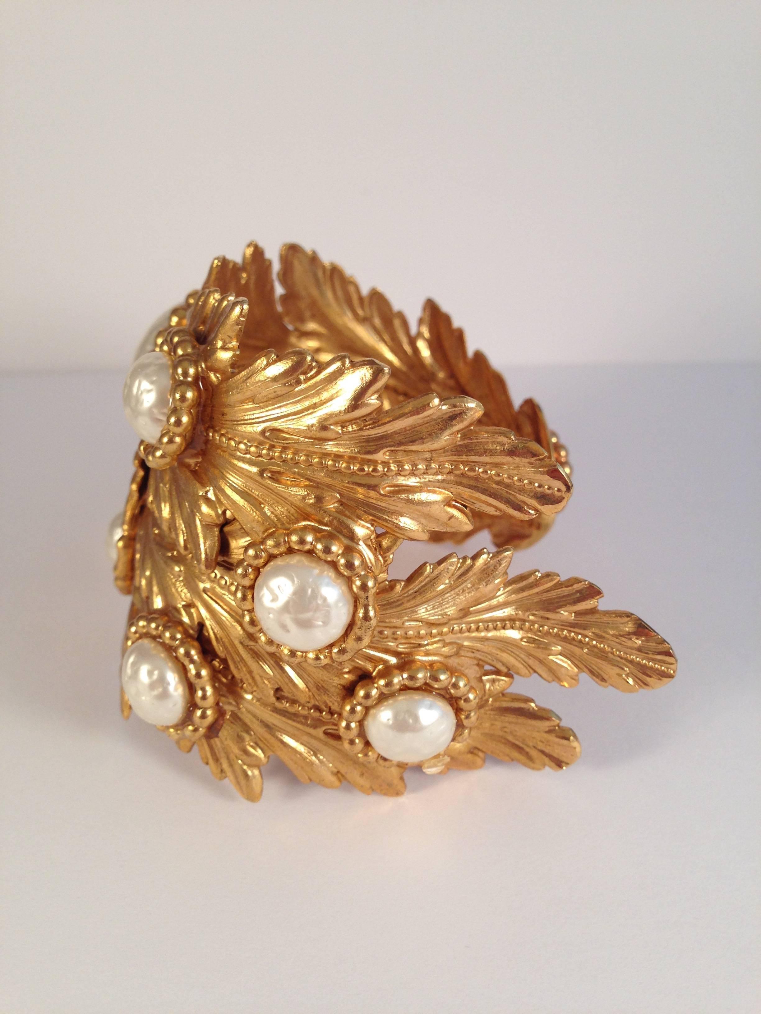 1980s Dominique Aurientis Gold Tone Leaf and Faux Pearl Cuff Bracelet In Excellent Condition For Sale In Chicago, IL