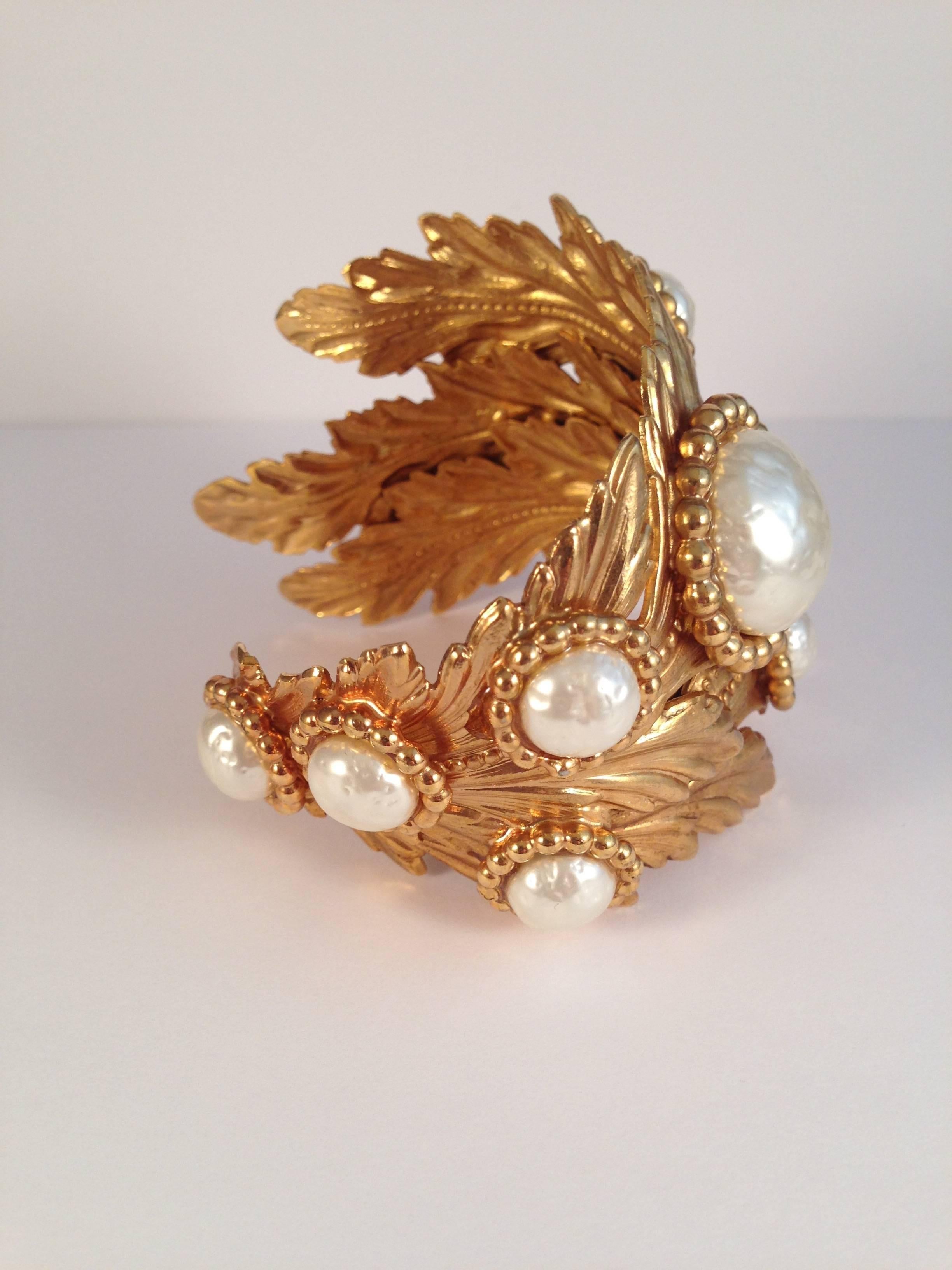 Women's 1980s Dominique Aurientis Gold Tone Leaf and Faux Pearl Cuff Bracelet For Sale