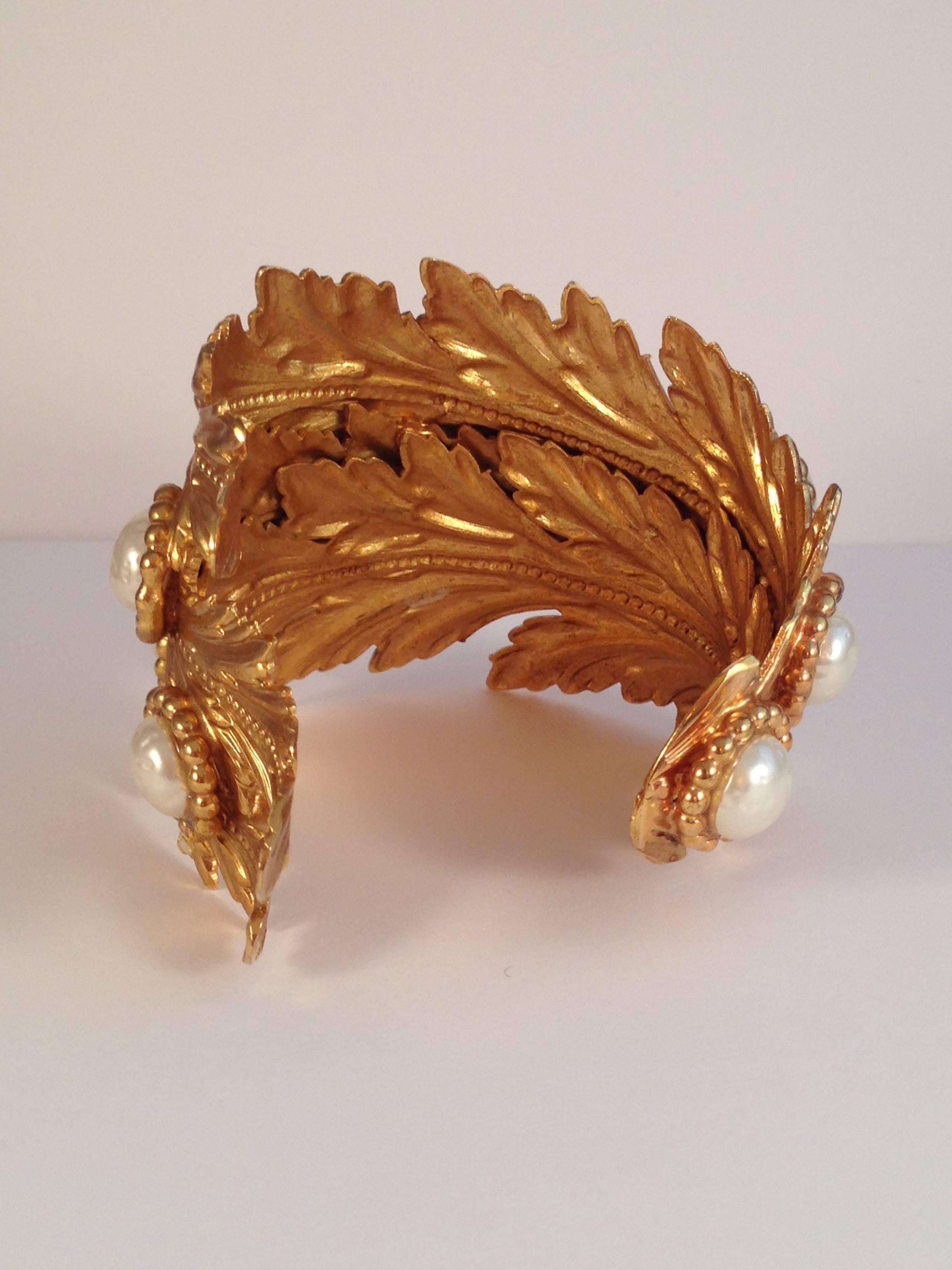 1980s Dominique Aurientis Gold Tone Leaf and Faux Pearl Cuff Bracelet For Sale 1