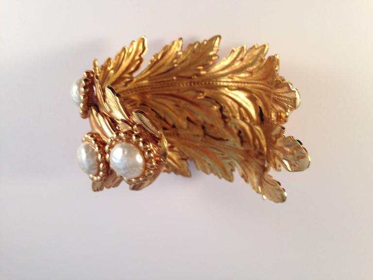1980s Dominique Aurientis Gold Tone Leaf and Faux Pearl Cuff Bracelet ...