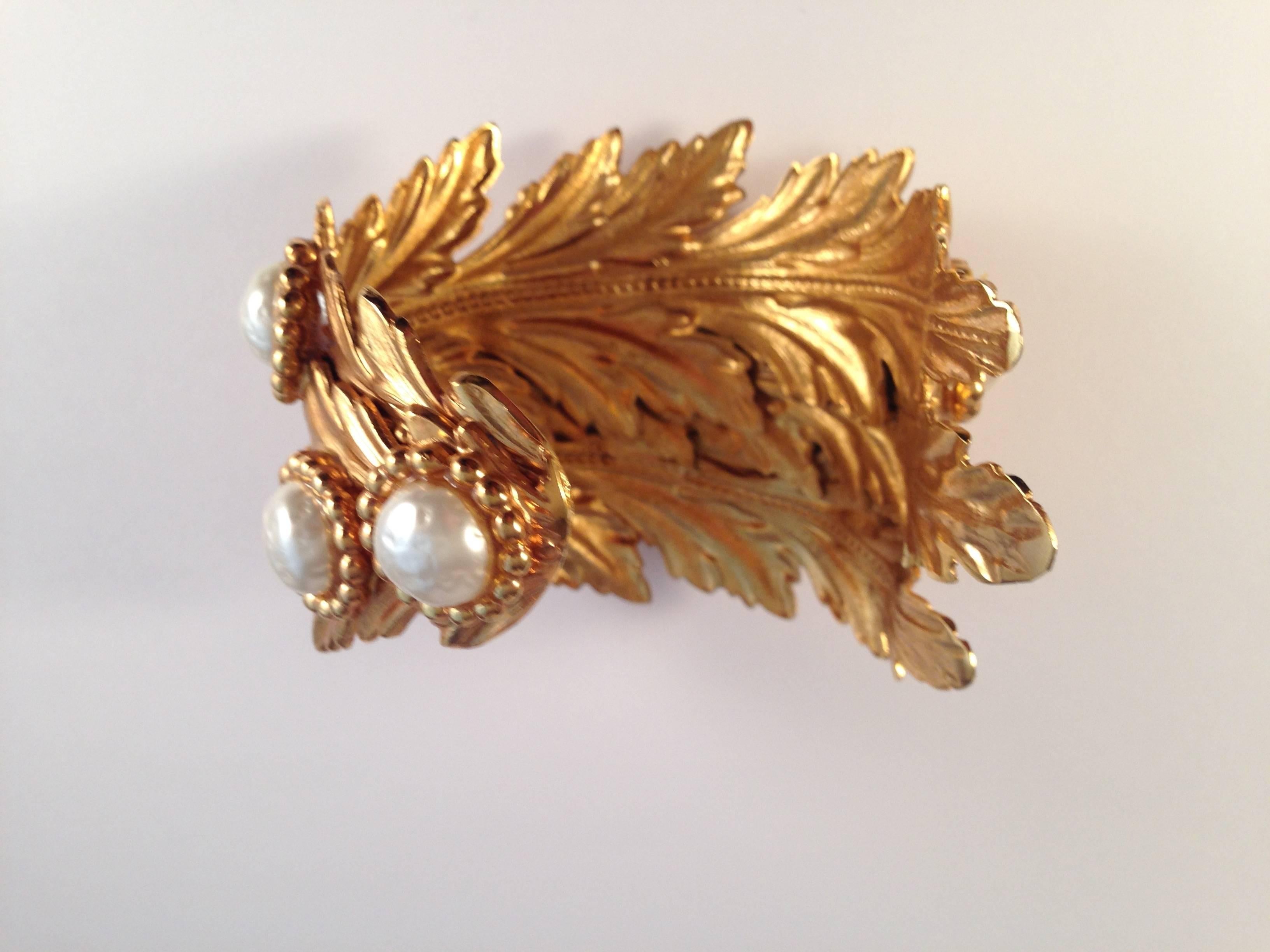 1980s Dominique Aurientis Gold Tone Leaf and Faux Pearl Cuff Bracelet For Sale 2