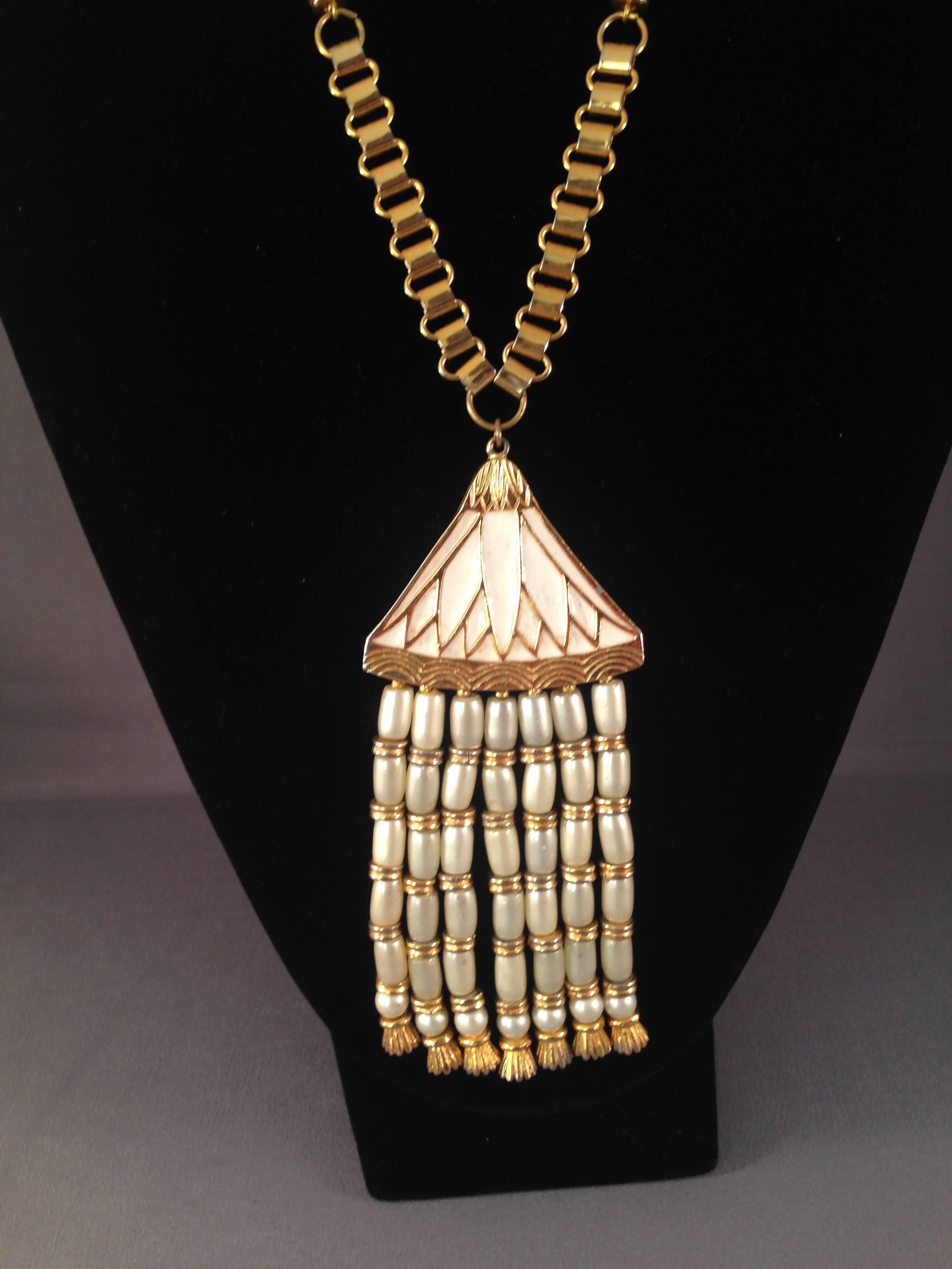 1960s Hattie Carnegie Necklace with Tassel Pendant Egyptian Revival In Excellent Condition For Sale In Chicago, IL