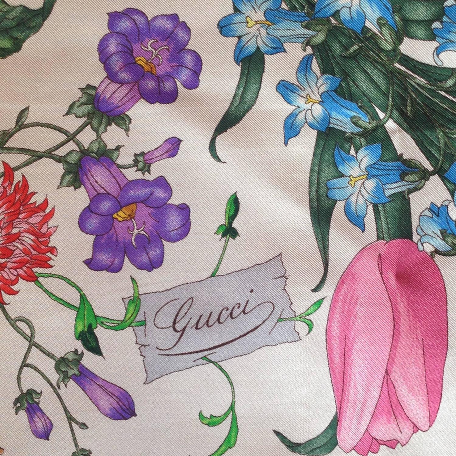 Vintage Gucci Scarf Navy Flora Pattern with Original Price Tag at 1stdibs