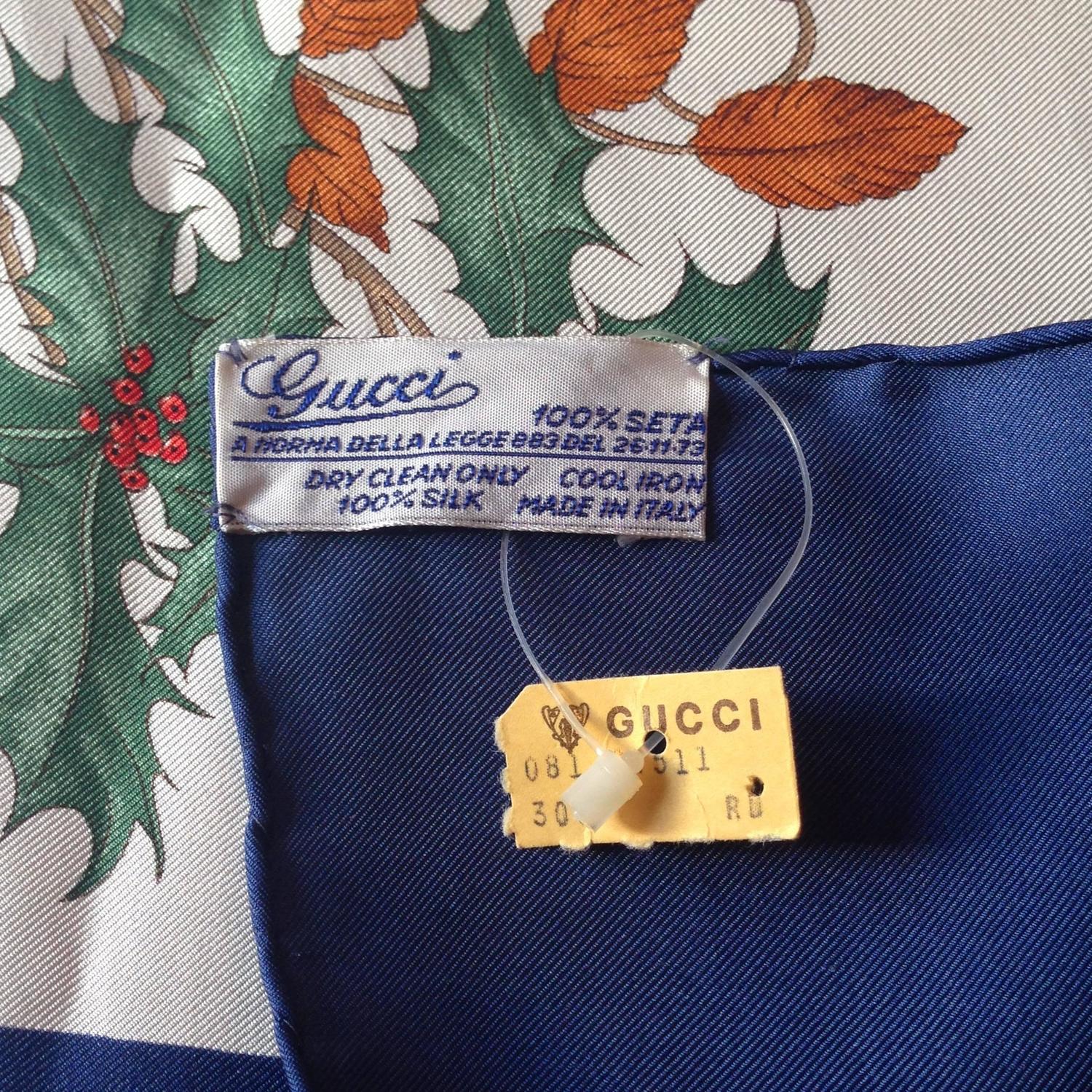 Vintage Gucci Scarf Navy Flora Pattern with Original Price Tag at 1stdibs