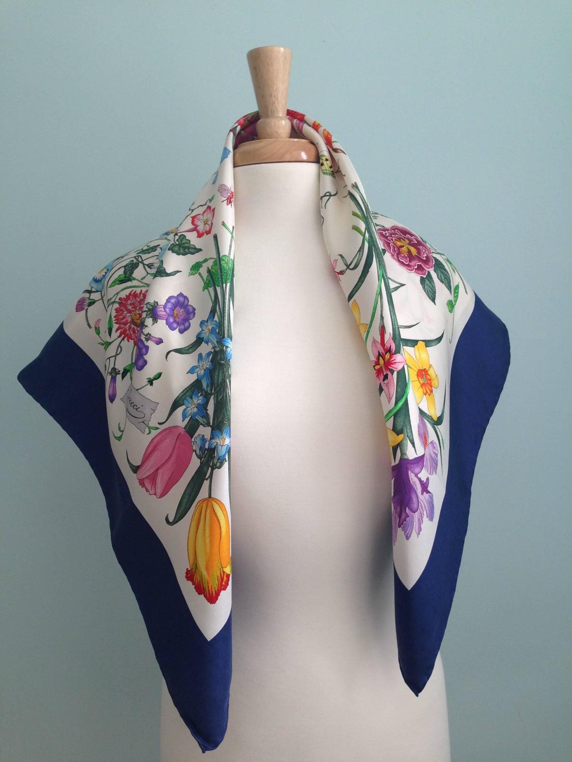 Vintage Gucci Scarf Navy Flora Pattern with Original Price Tag at 1stdibs
