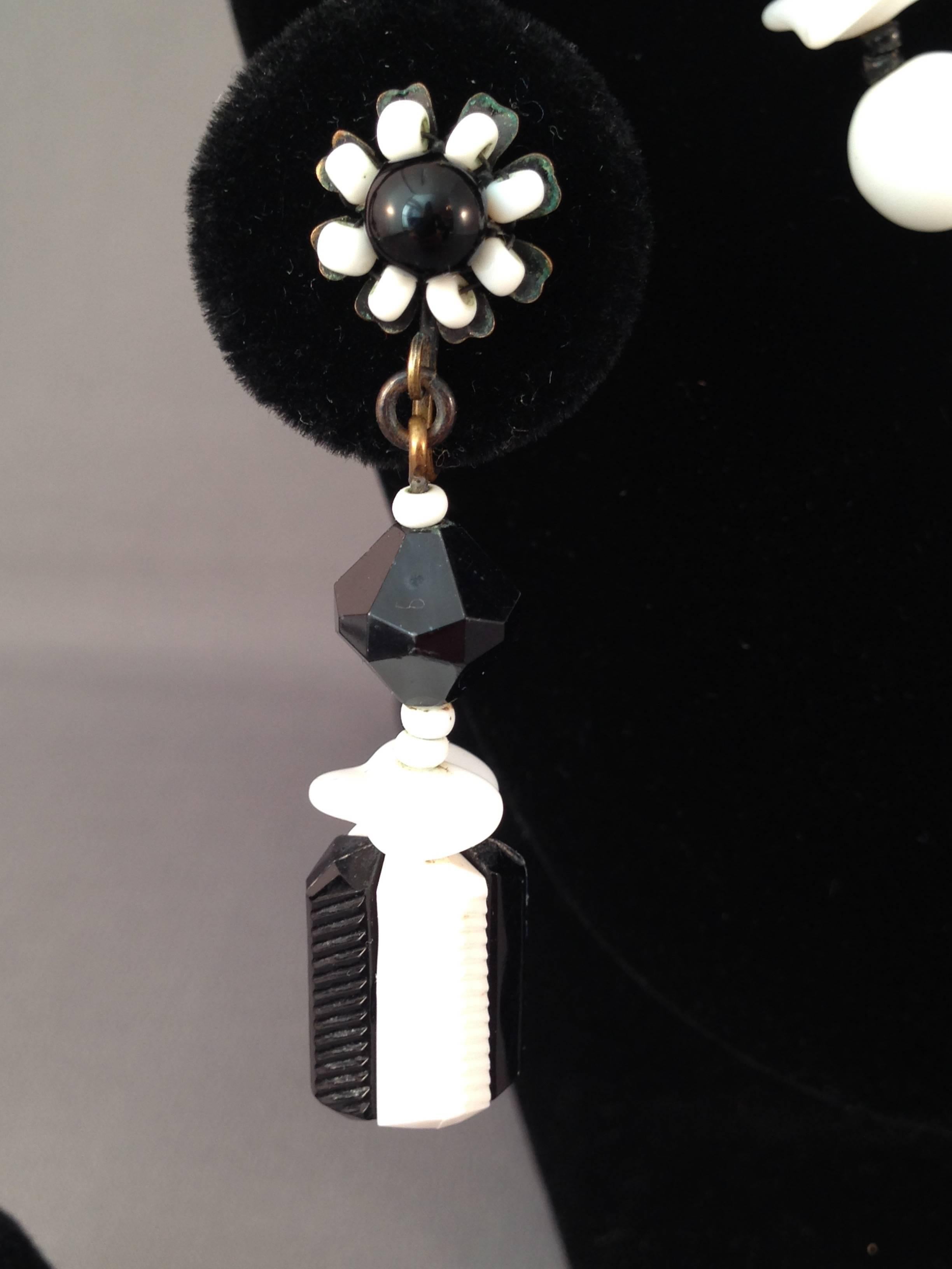 1960s Miriam Haskell Black and White Necklace and Clip On Earring Set For Sale 3