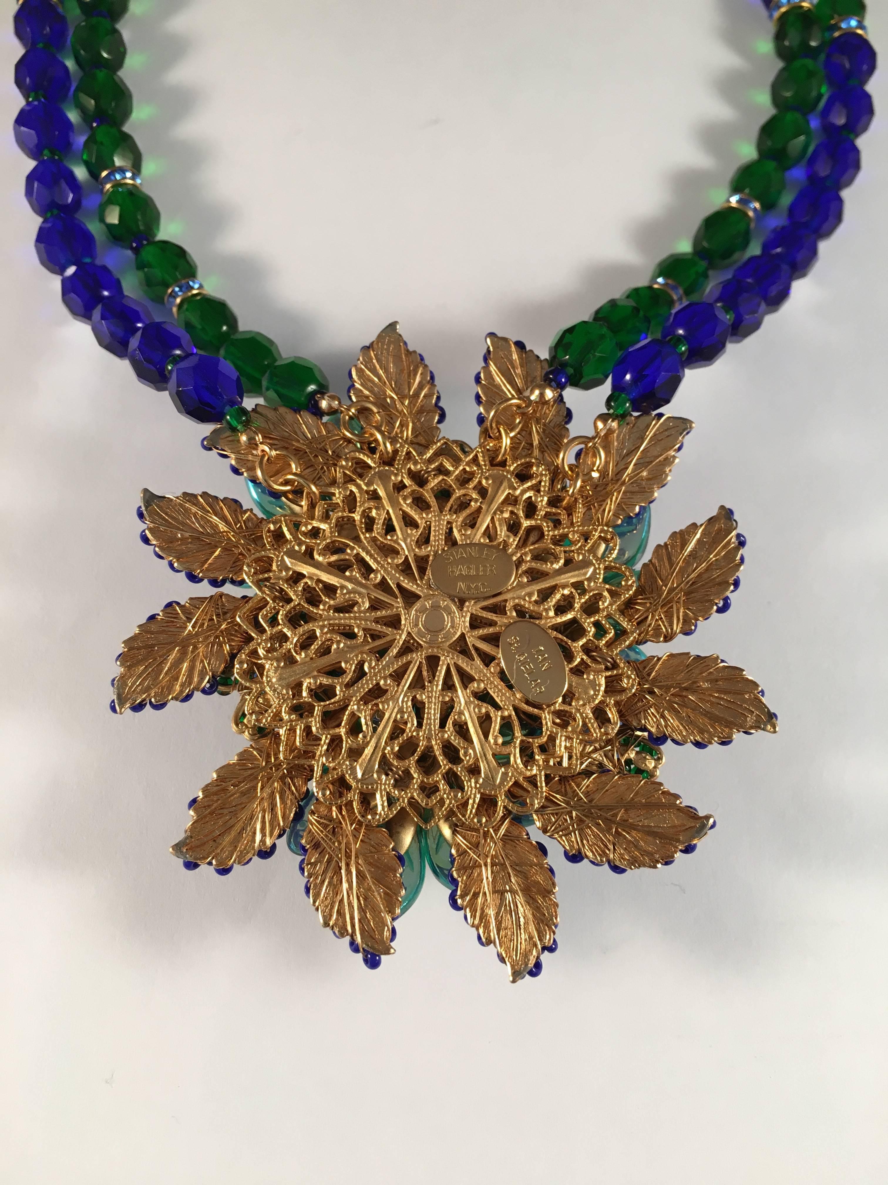Stanley Hagler and Ian St. Gielar Necklace Blue And Green Beaded Flower Pendant In Excellent Condition For Sale In Chicago, IL