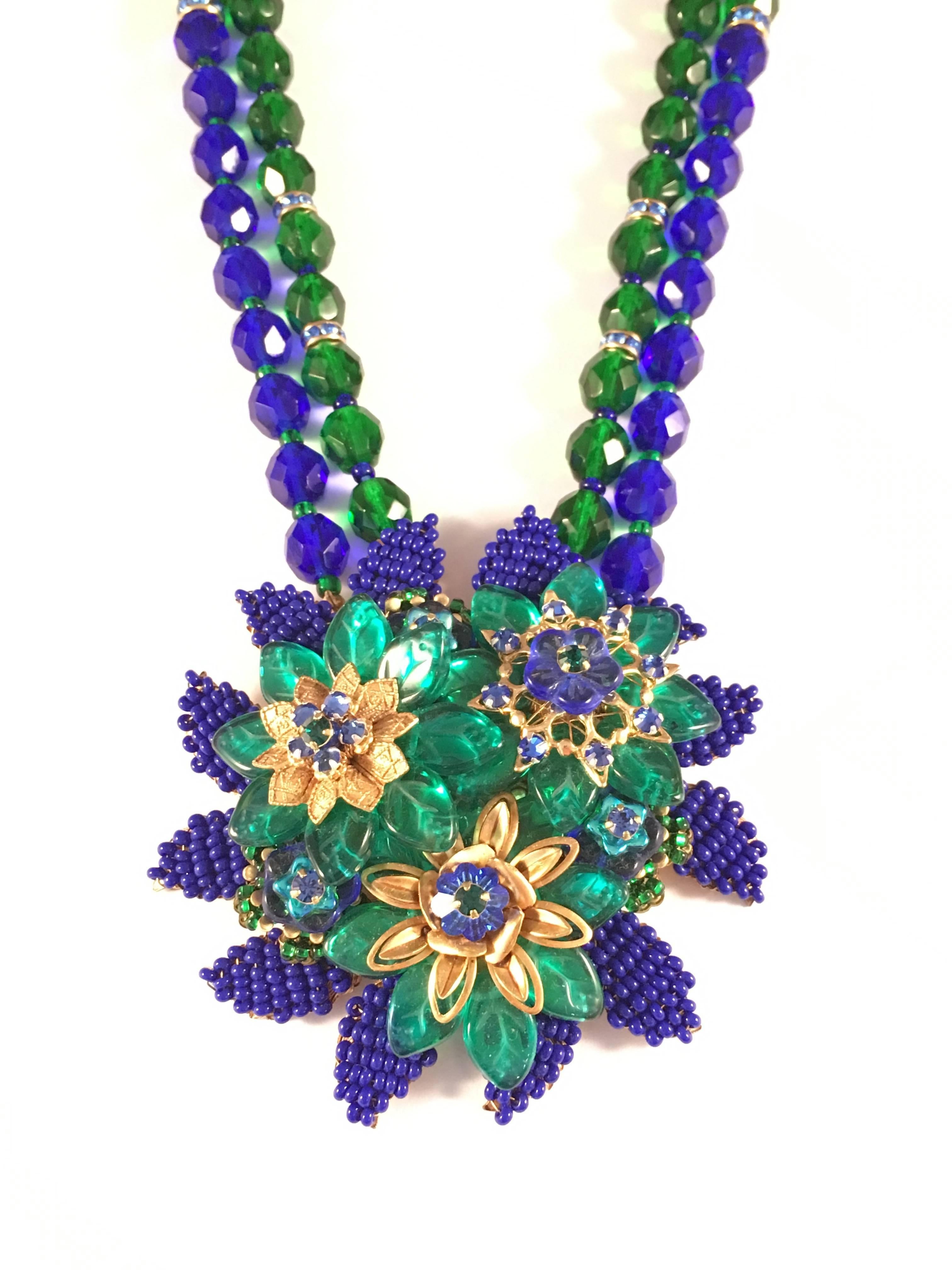 Women's Stanley Hagler and Ian St. Gielar Necklace Blue And Green Beaded Flower Pendant For Sale
