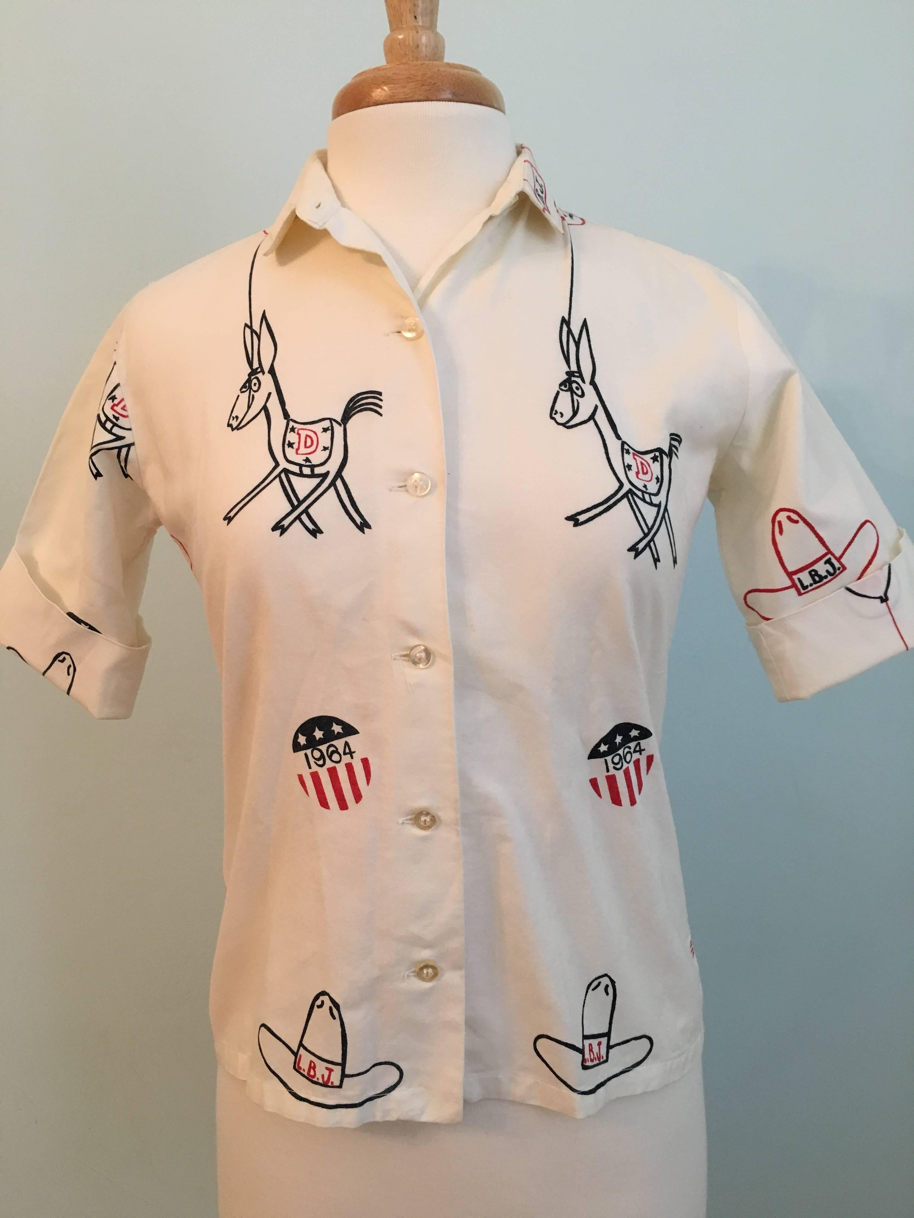 This blouse was made by the Vested Gentress in 1964 for the Democratic National Convention which took place at the Boardwalk Hall in Atlantic City, N.J. from August 24th - 27th, 1964. It features hand silk-screened donkeys holding balloons, cowboy