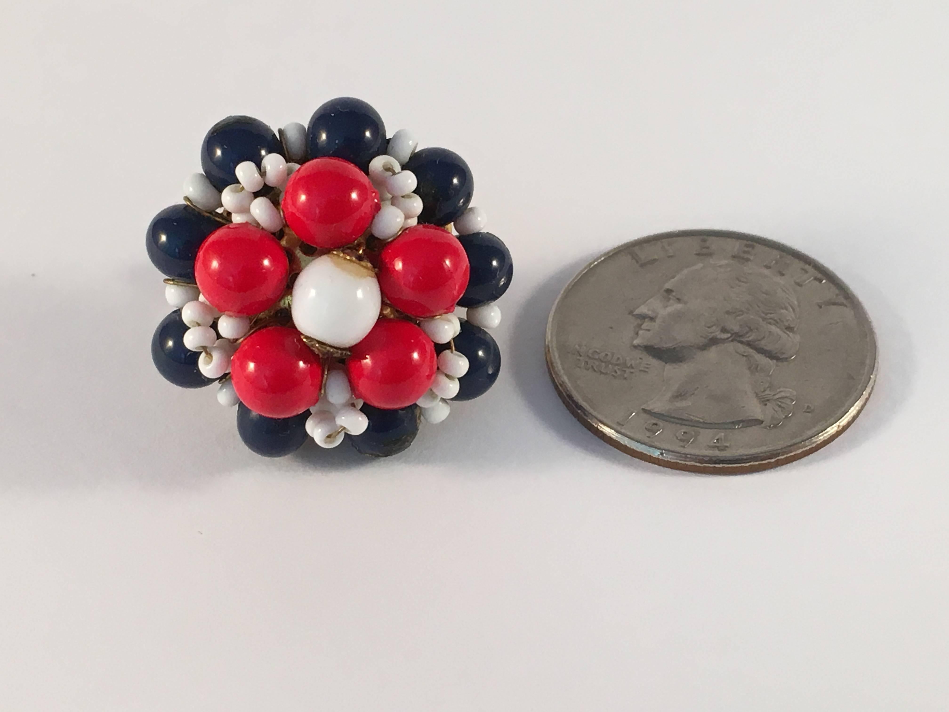 1960s Miriam Haskell Red, White and Blue Beaded Earrings In Excellent Condition For Sale In Chicago, IL