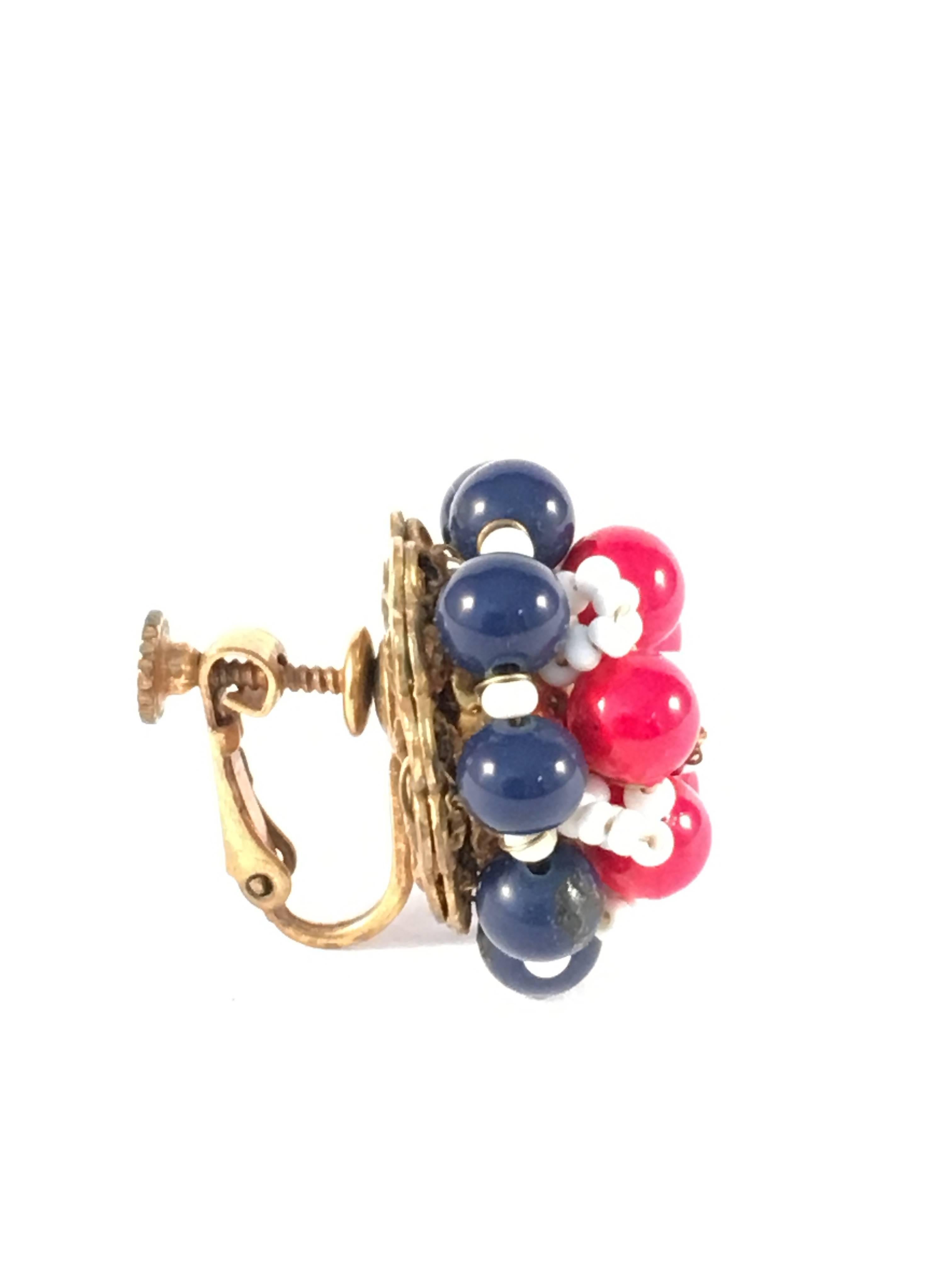 Women's 1960s Miriam Haskell Red, White and Blue Beaded Earrings For Sale