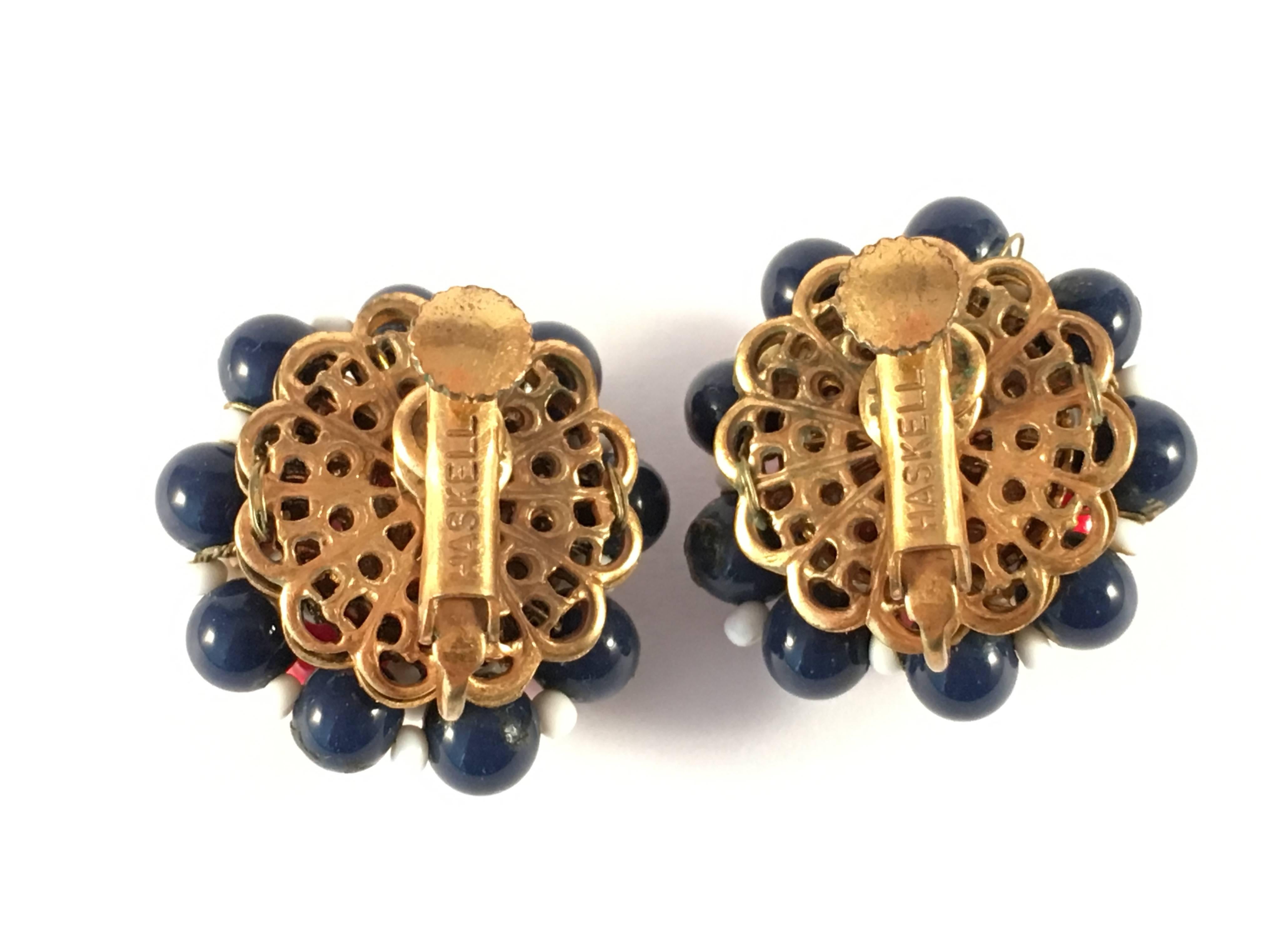 1960s Miriam Haskell Red, White and Blue Beaded Earrings For Sale 1