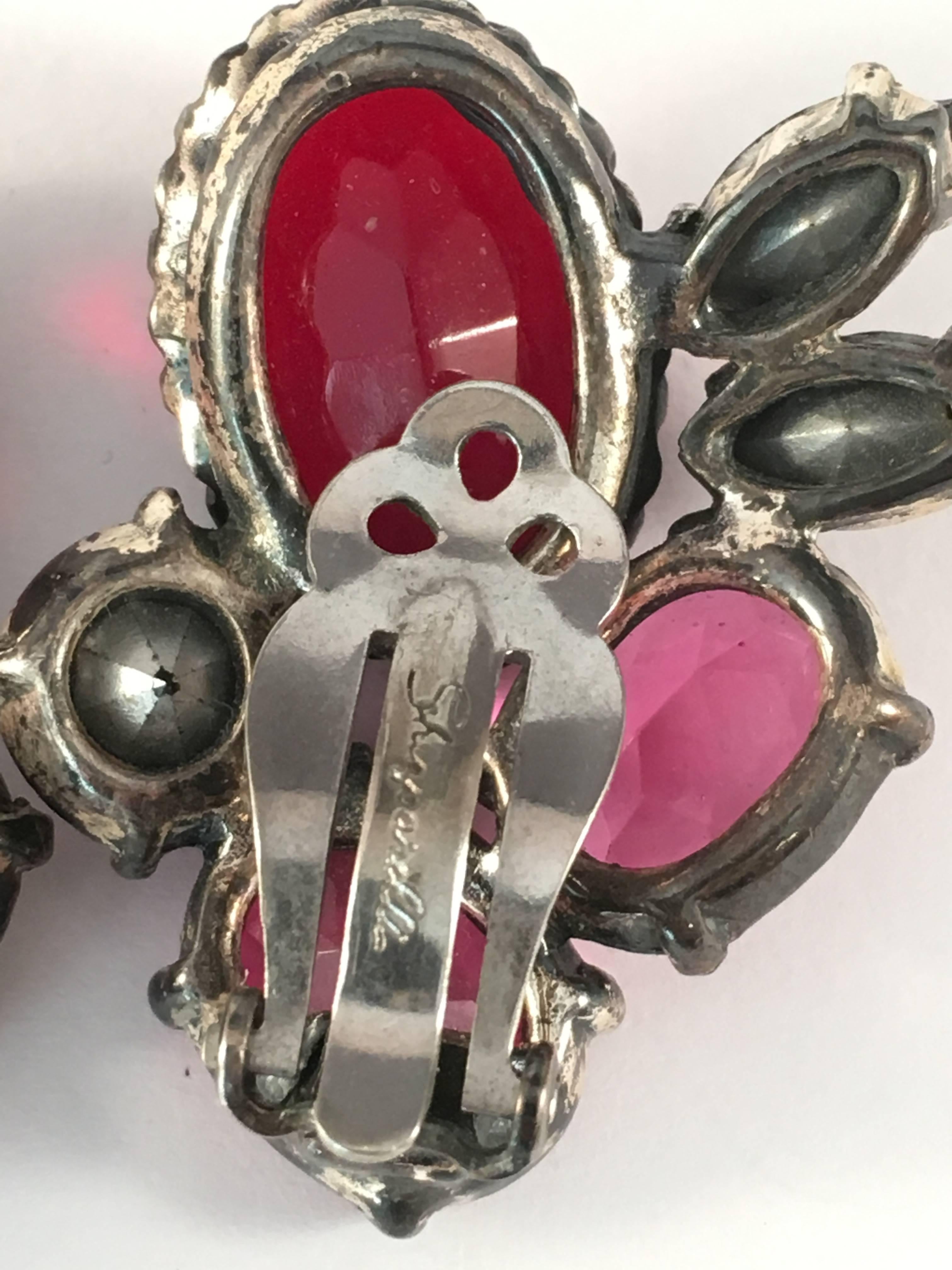 Women's 1950s Schiaparelli Pink and Red Rhinestone Earrings