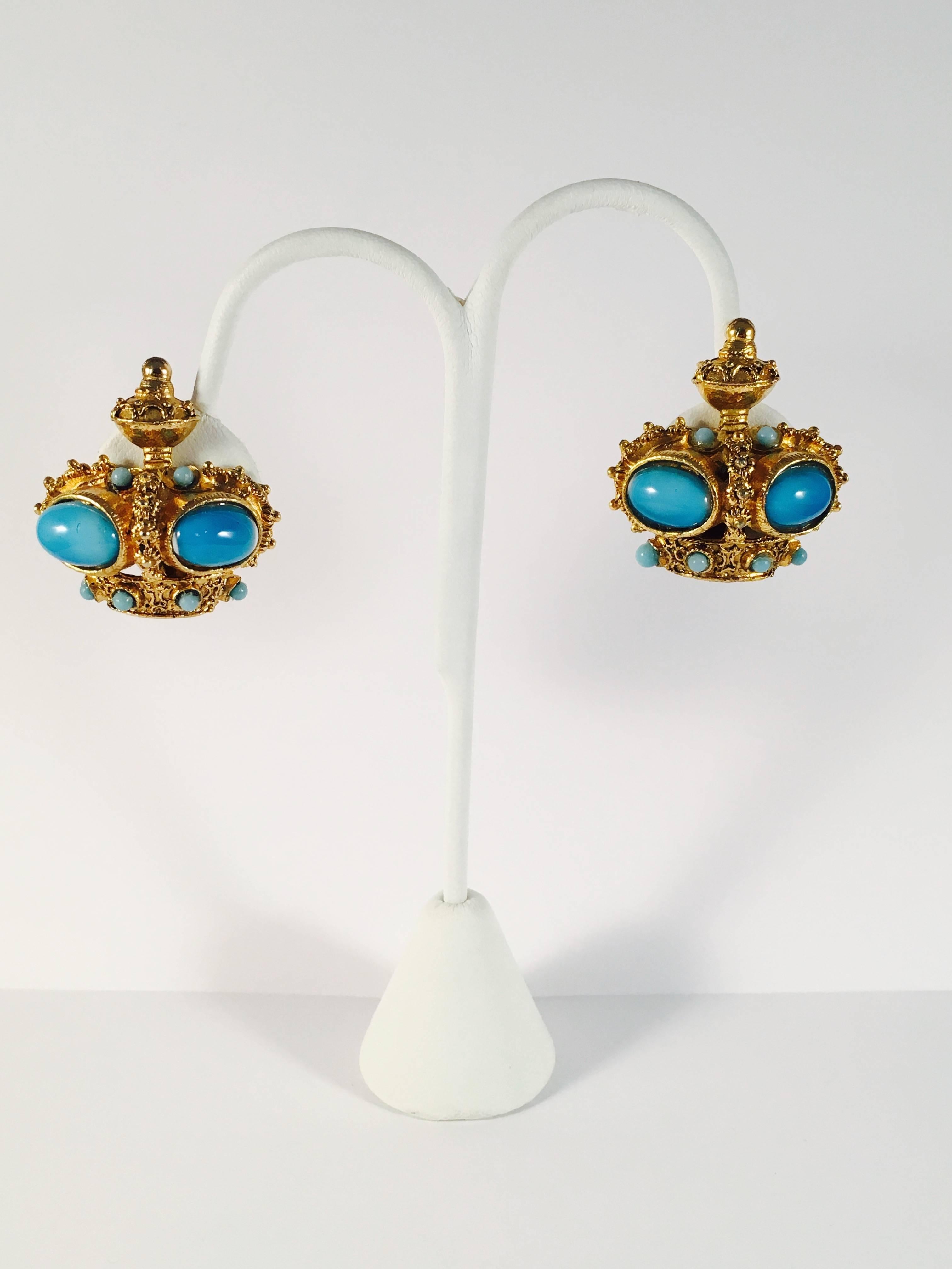 Women's Crown Earrings with Turquoise Colored Stones 1950s Hobé  For Sale