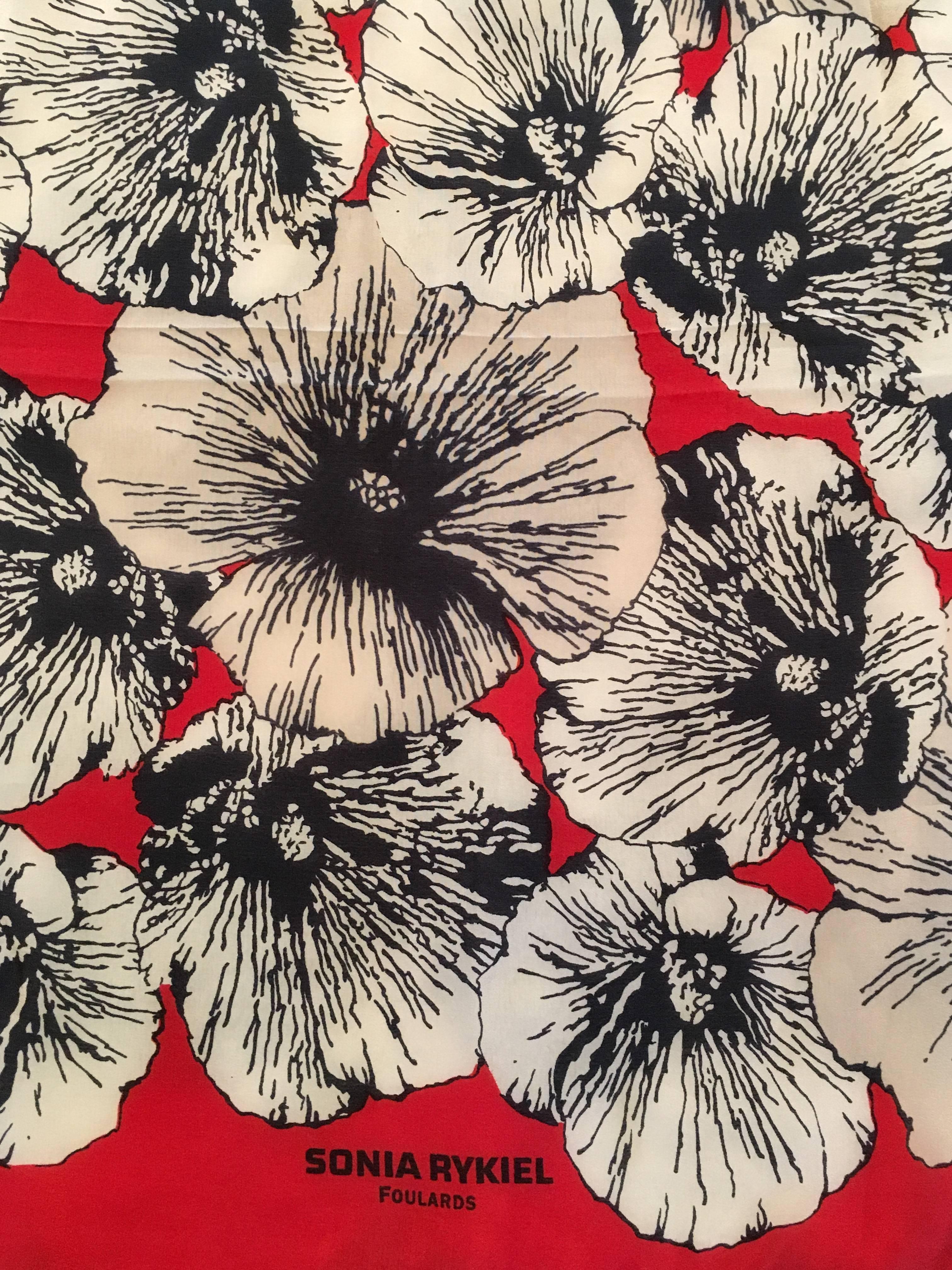 Large Sonia Rykiel Red Scarf with Poppy Flowers In Excellent Condition In Chicago, IL
