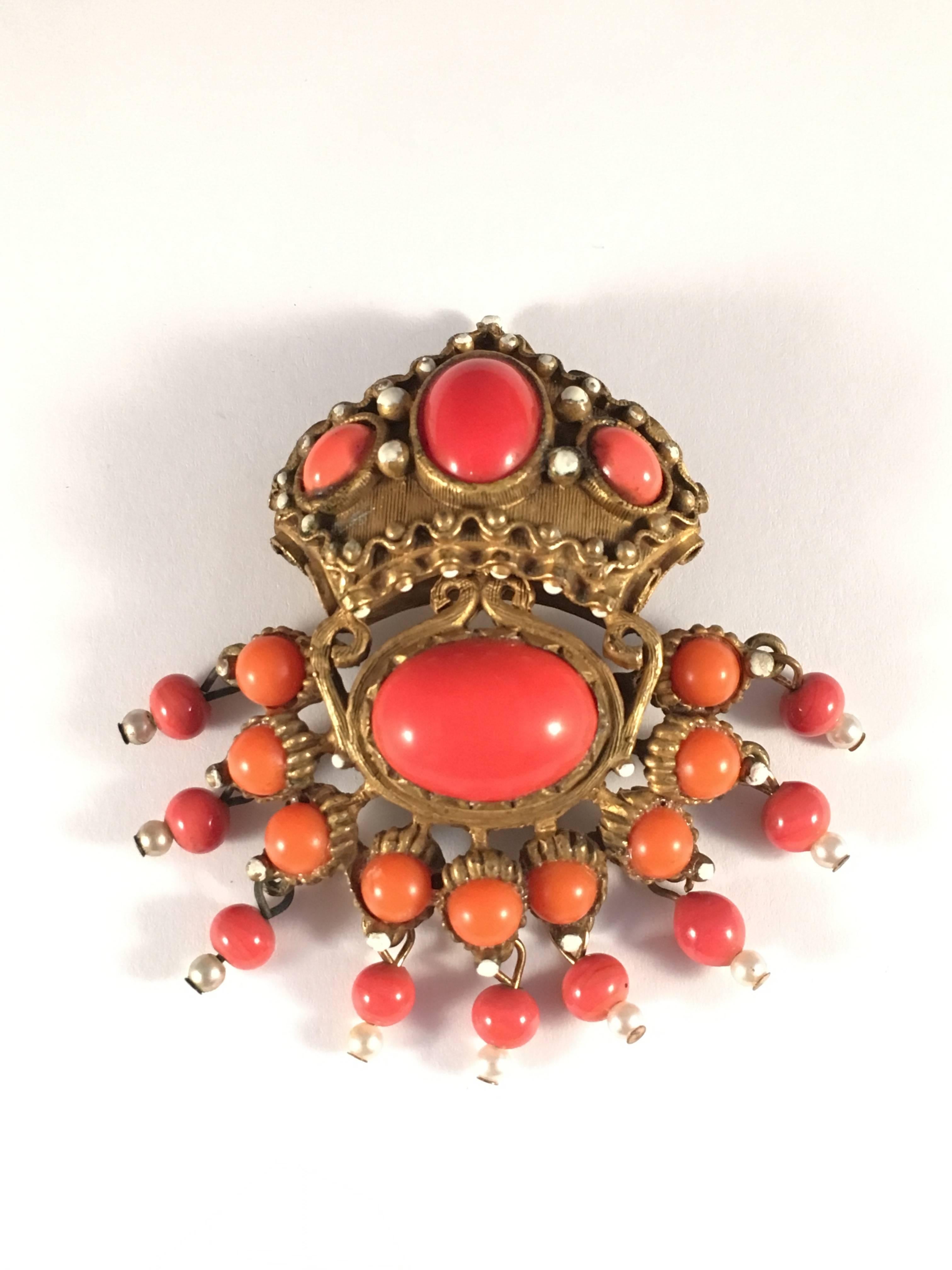Kenneth Jay Lane Coral Colored Brooch and Earring Set 1960s 1