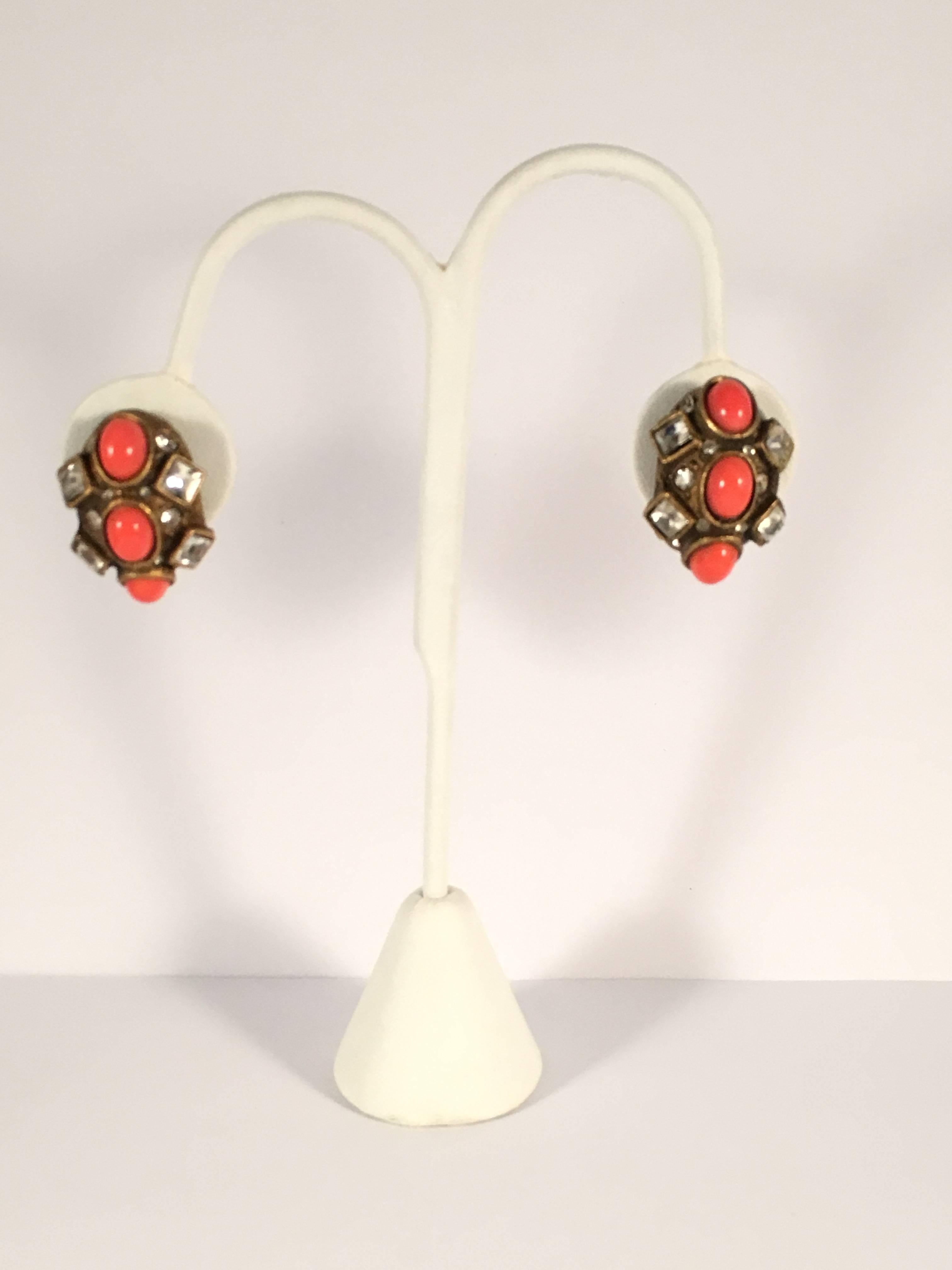 Kenneth Jay Lane Coral Colored Brooch and Earring Set 1960s 5