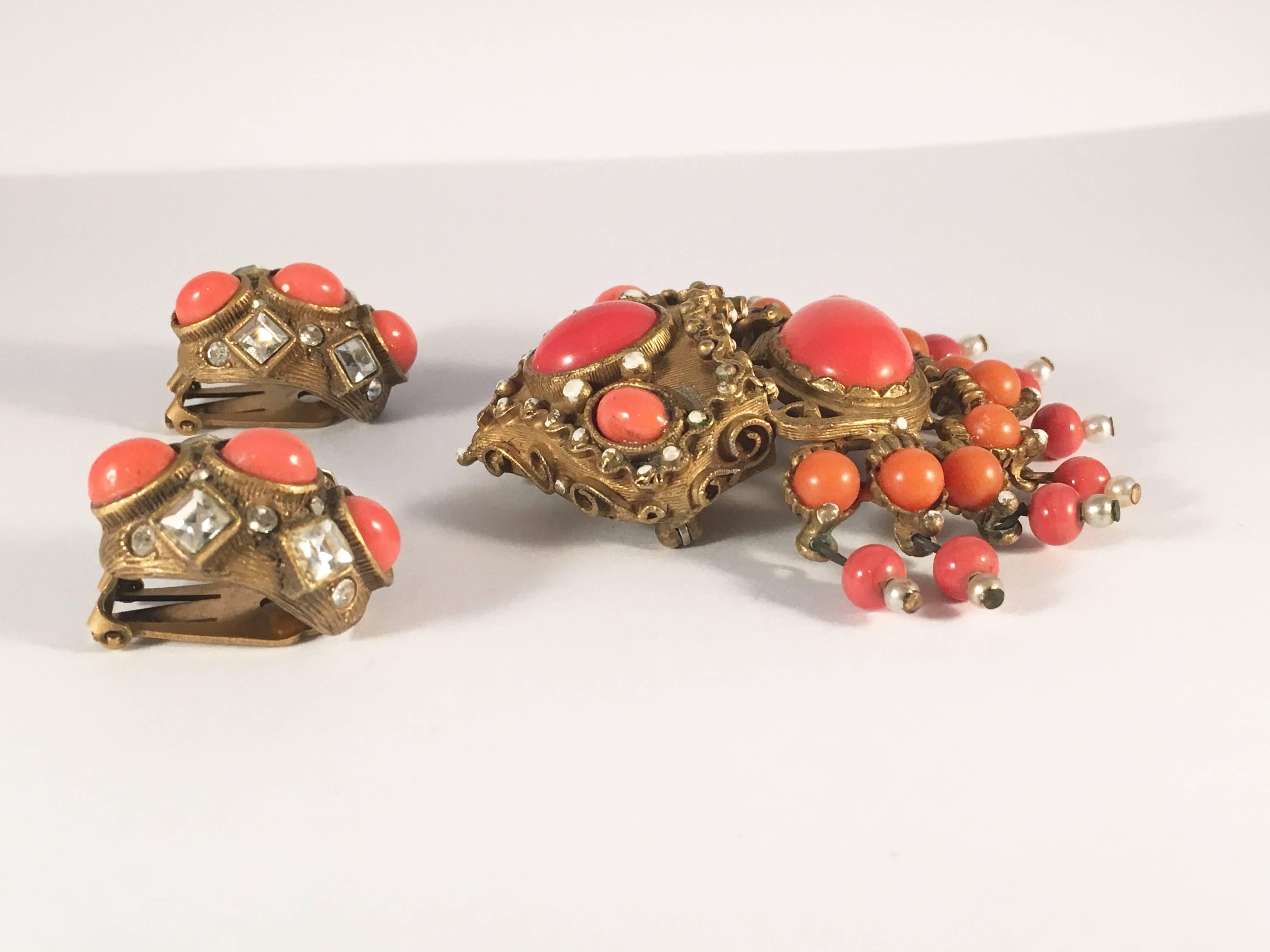 Kenneth Jay Lane Coral Colored Brooch and Earring Set 1960s 2