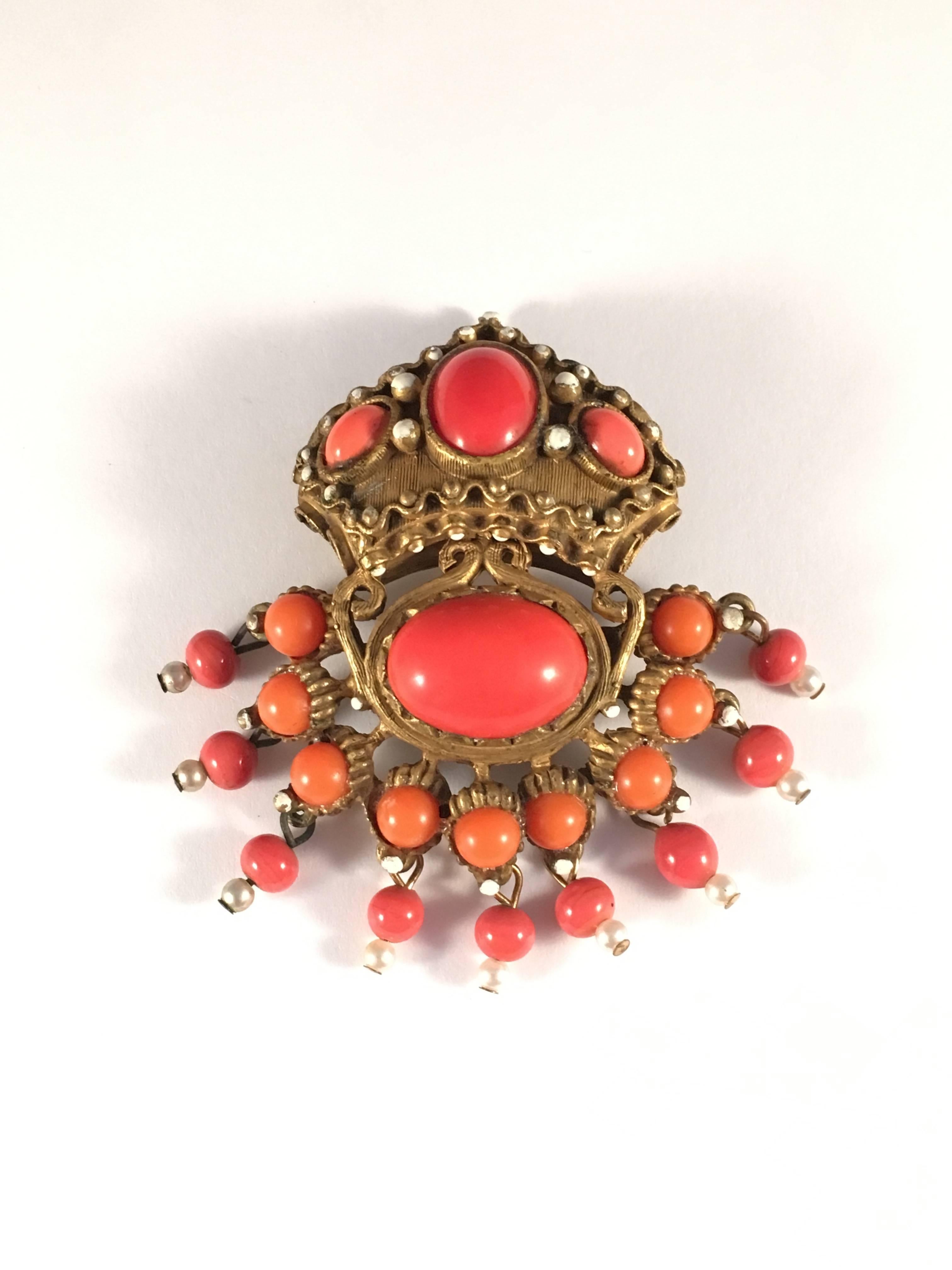 Women's or Men's Kenneth Jay Lane Coral Colored Brooch and Earring Set 1960s