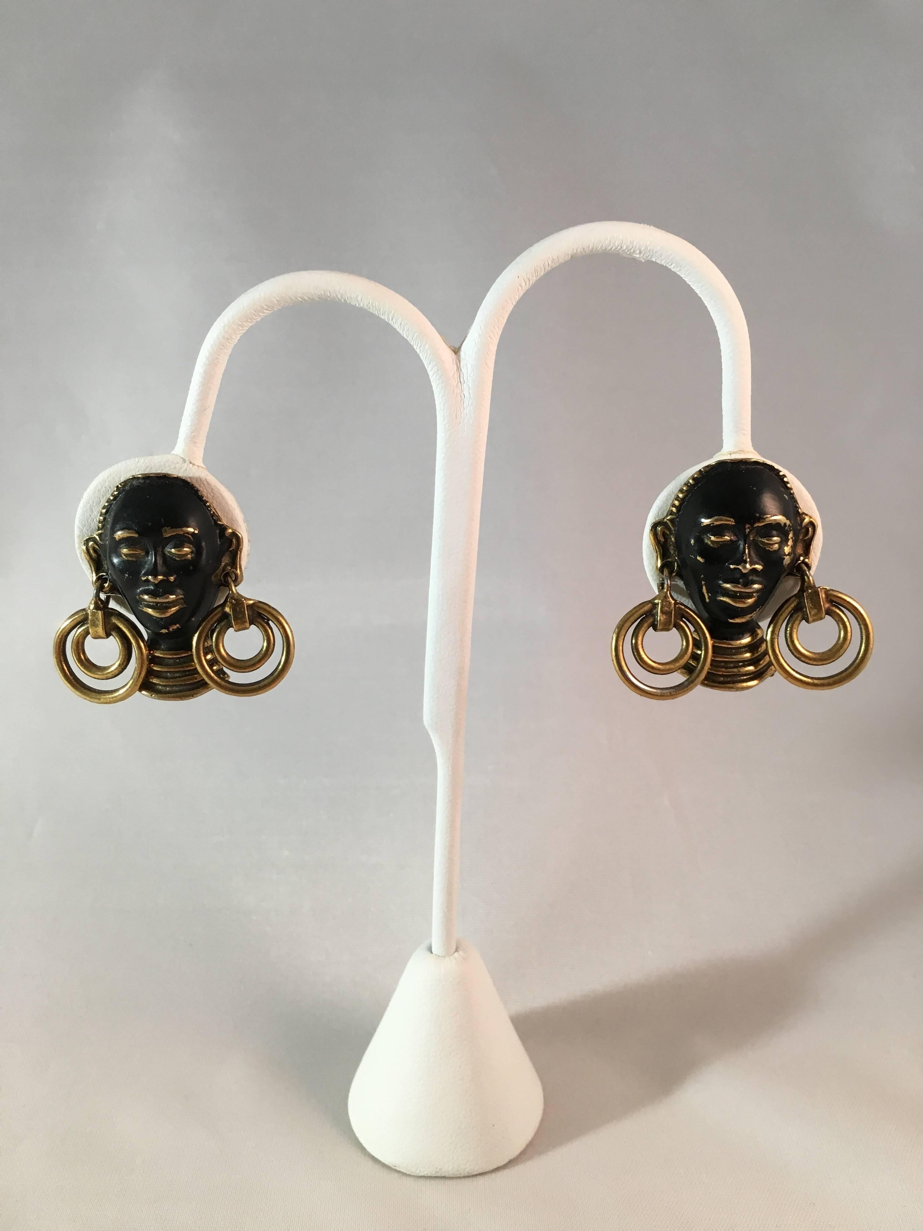 1940s Tribal African Head Enameled Brass Bracelet and Earrings 1