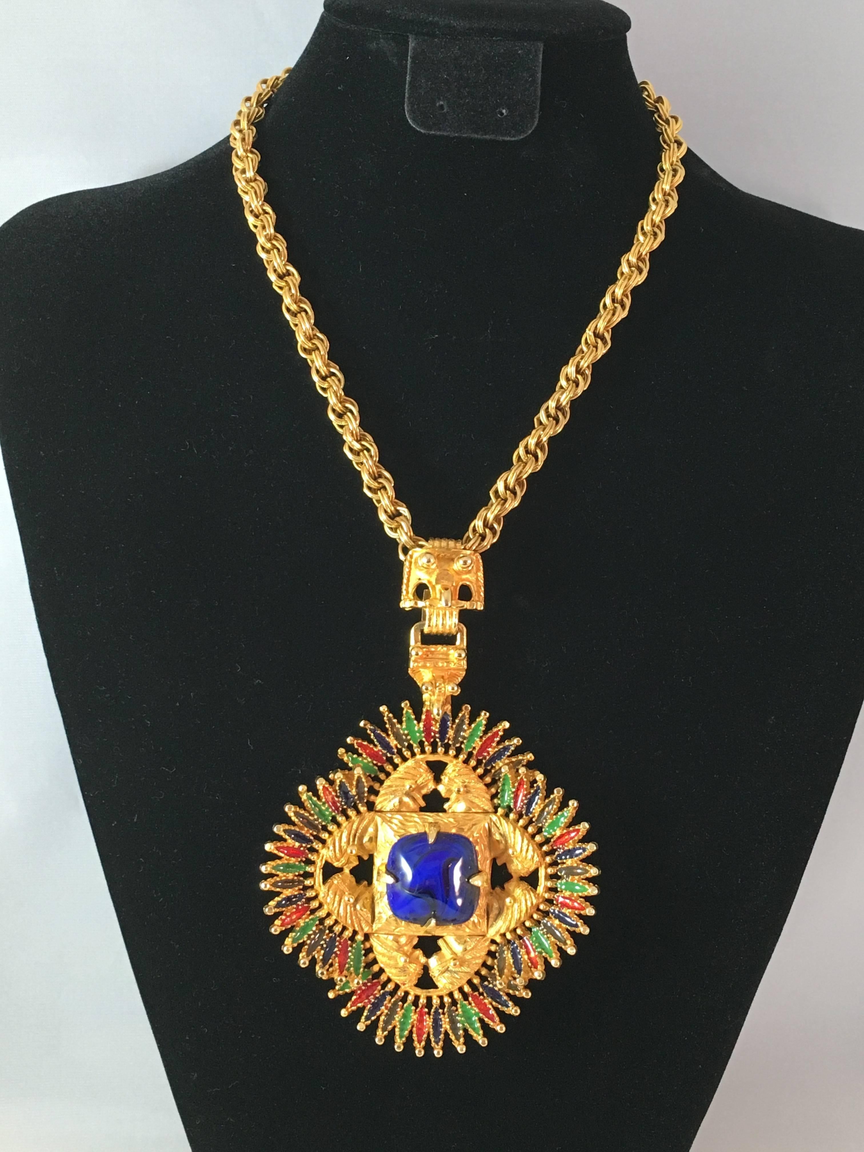 This goldtone pendant necklace was created for Castlecliff in 1973 by the jewelry designer, Larry VRBA. Its pendant is large measuring 3