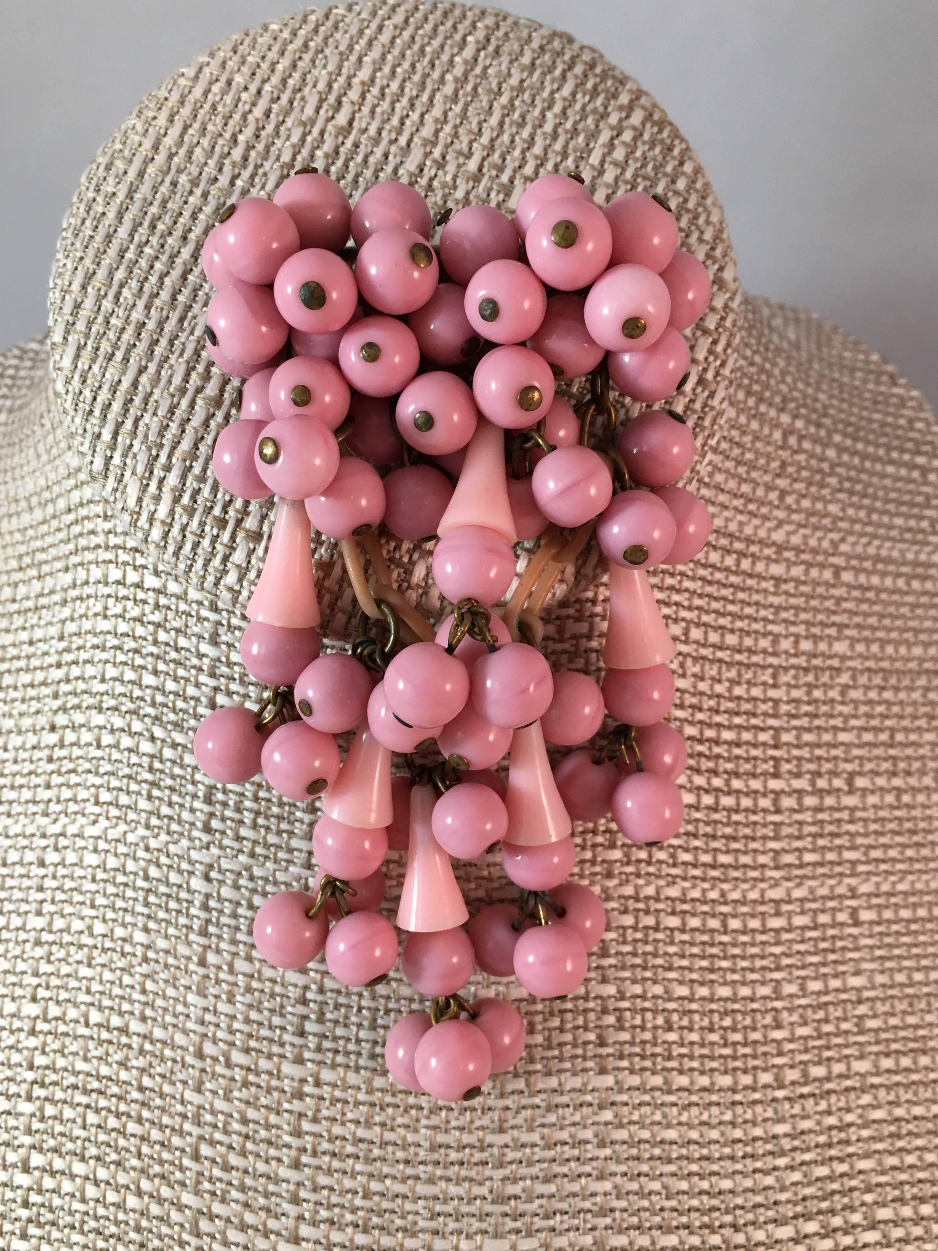 1940s Miriam Haskell Pink Glass Dangle Brooch For Sale 1