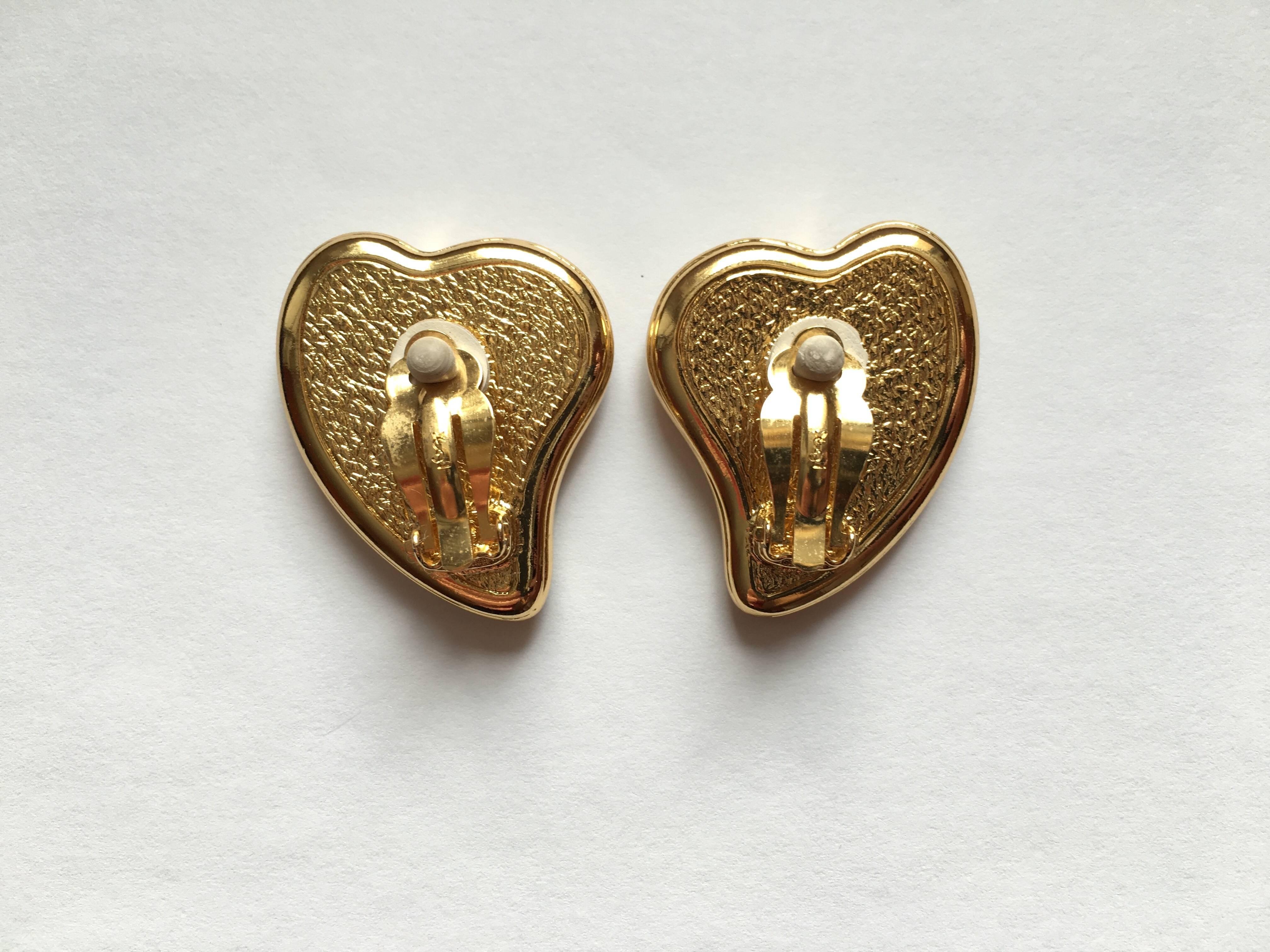 Women's 1980s Yves Saint Laurent Wooden and Goldtone Heart Earrings