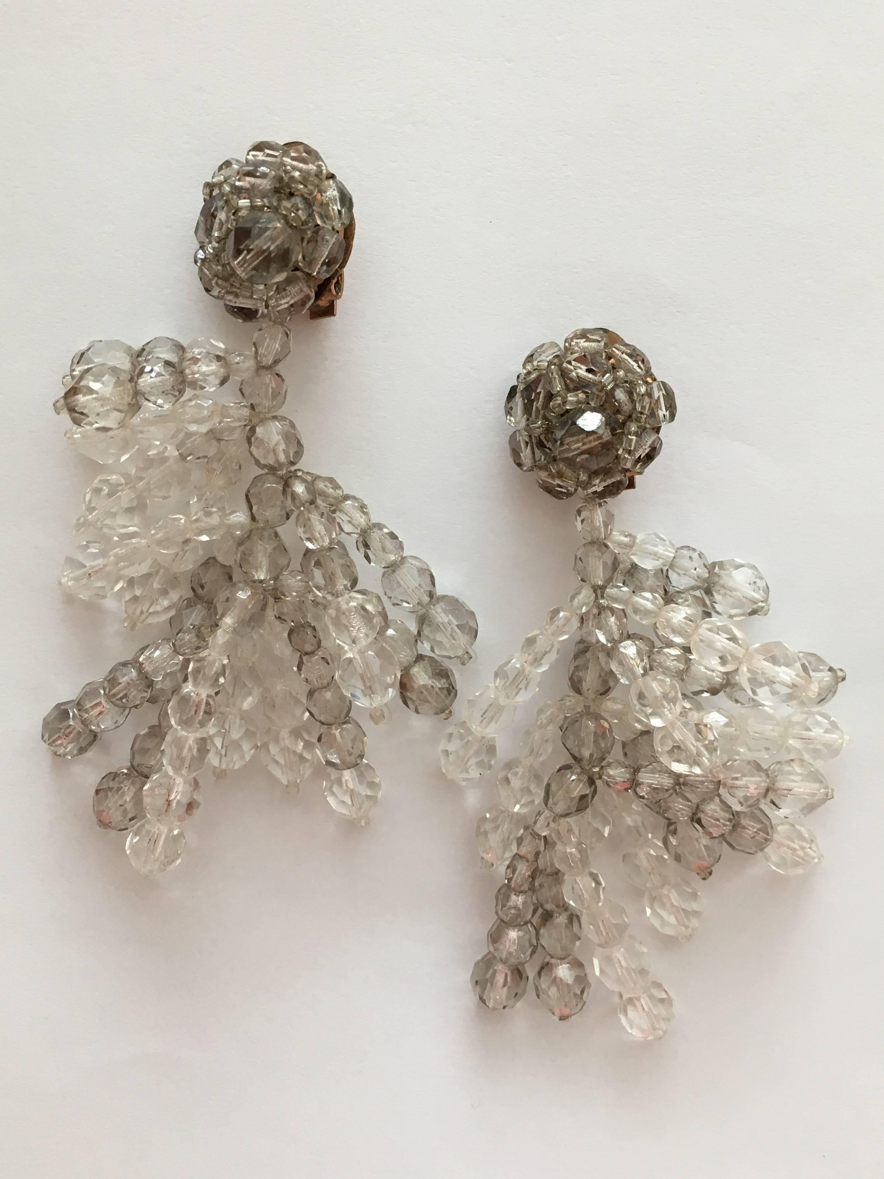 1950s Coppola e Toppo Grey and Clear Crystal Dangle Earrings In Excellent Condition For Sale In Chicago, IL