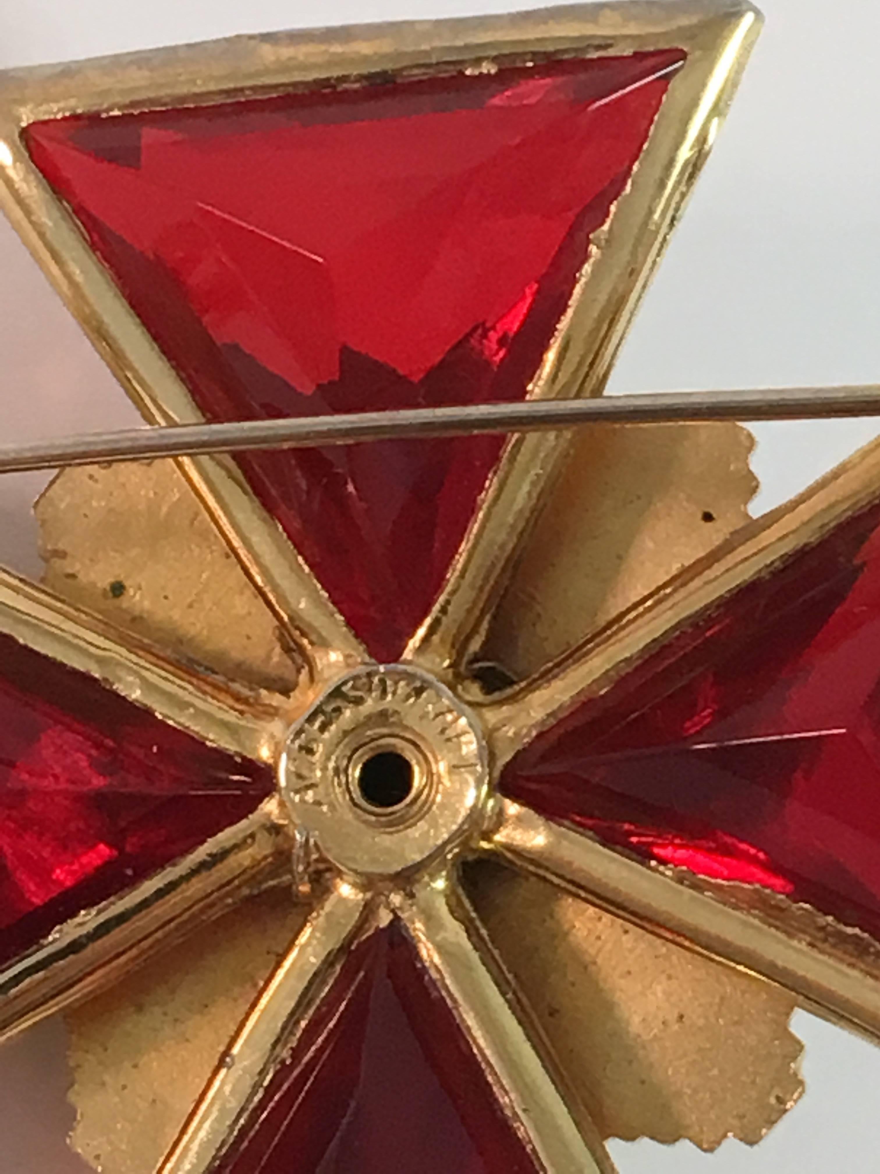 Women's 1960s Accessocraft Goldtone and Red Glass Maltese Cross Brooch