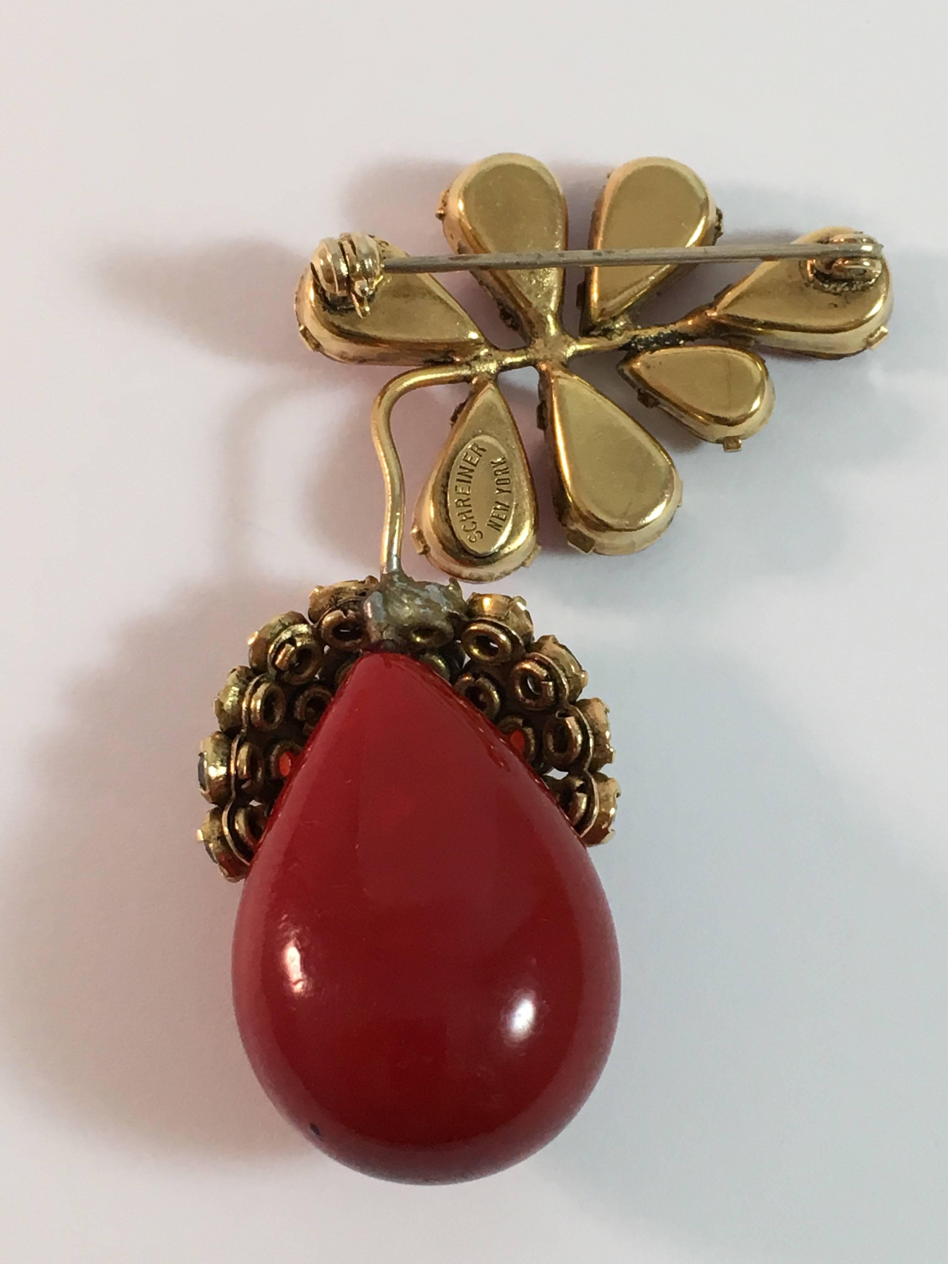 Women's 1950s Schreiner Goldtone Red Acorn Brooch