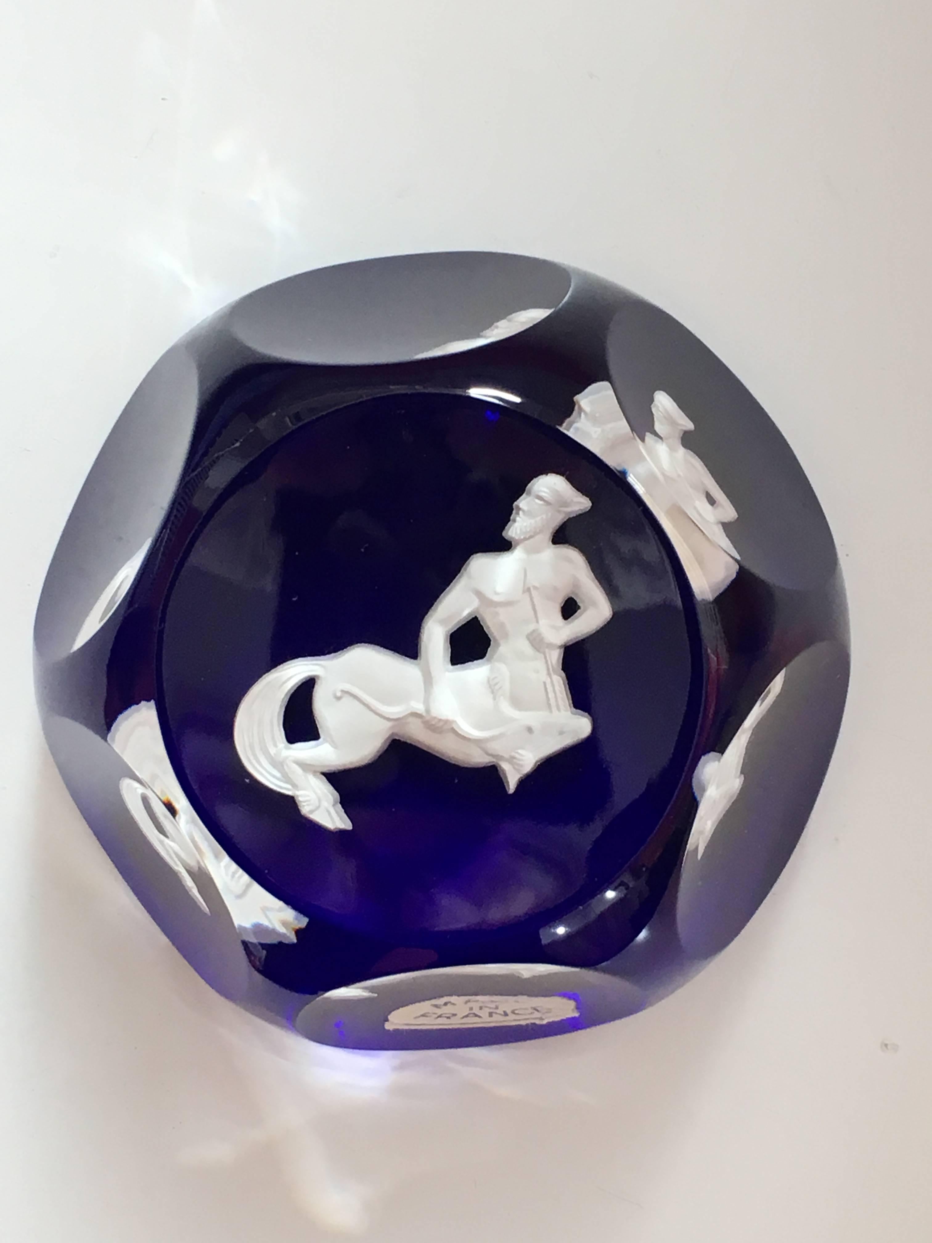 1970s Baccarat Sagittarius Colbalt Blue Zodiac Paperweight In Excellent Condition In Chicago, IL