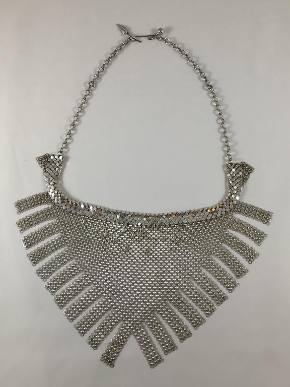 1970s Whiting and Davis Silver Chainmail Metal Bib Necklace with Fringe ...