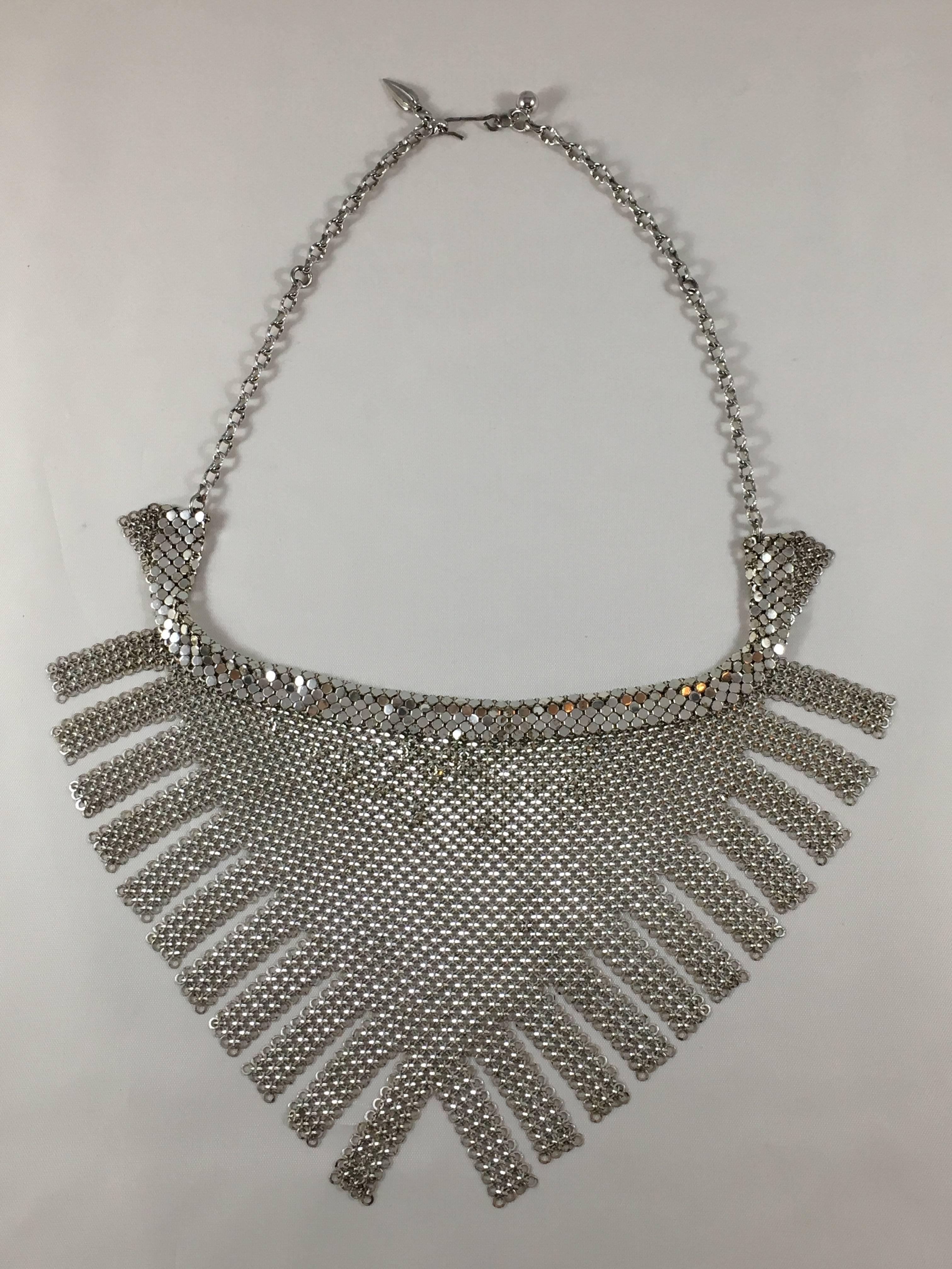 Women's 1970s Whiting and Davis Silver Chainmail Metal Bib Necklace with Fringe For Sale
