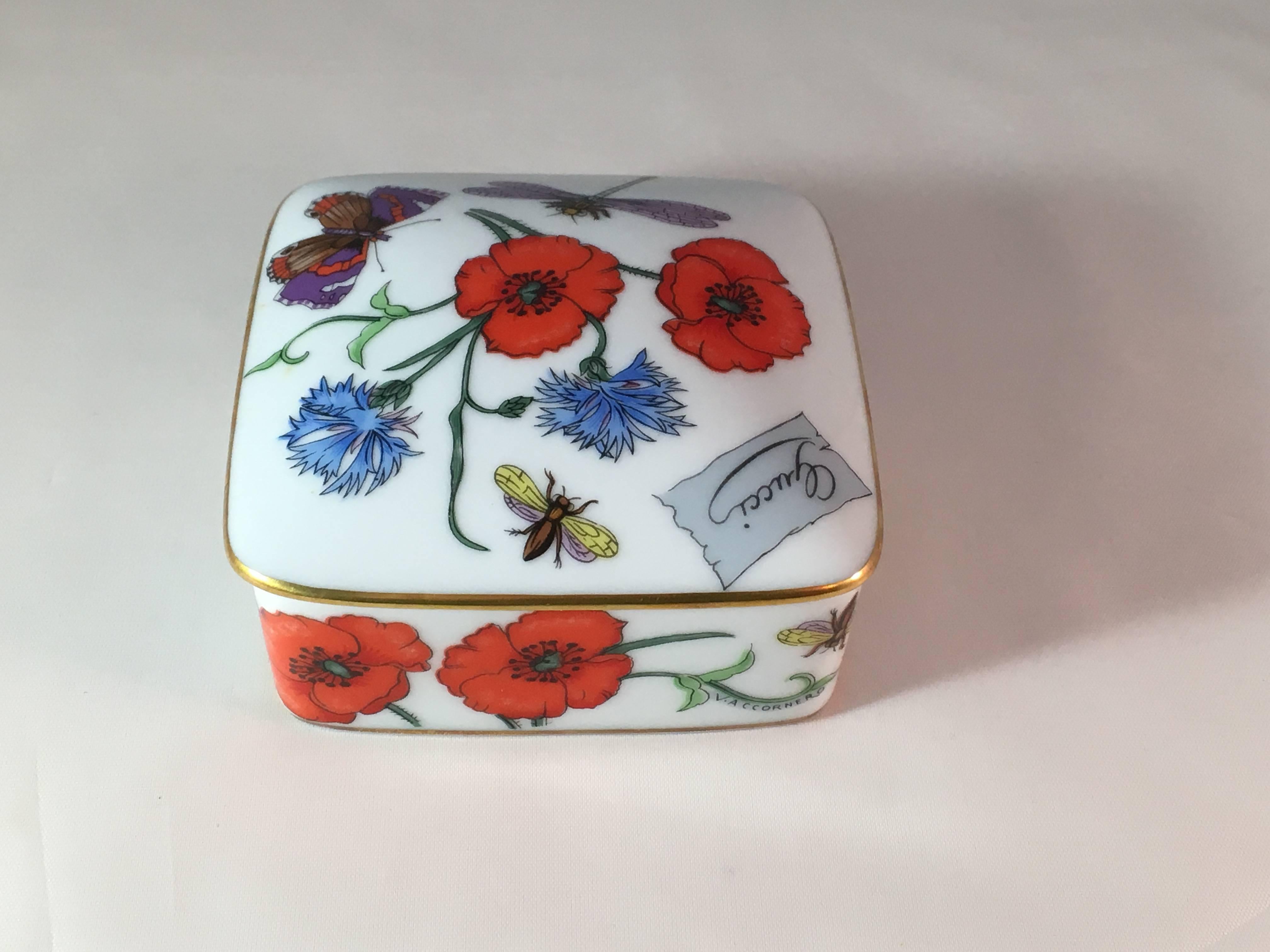 Gray 1970s Gucci Bernardaud Limoges Floral Porcelain Trinket Box