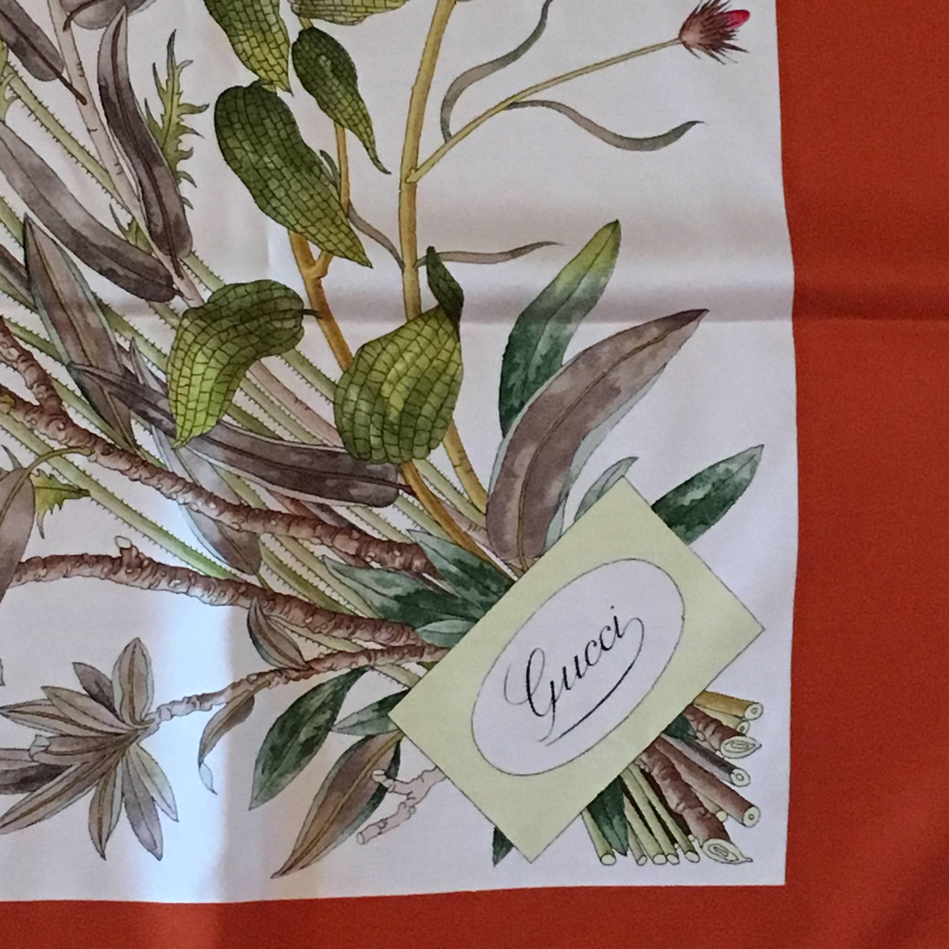 This 1970s silk scarf from Gucci features a hard to find Fall botanical floral print designed by Vittorio Accornero - the designer of the iconic Gucci 'Flora' print.  Accornero was a world renowned children’s book illustrator. The scarf measures