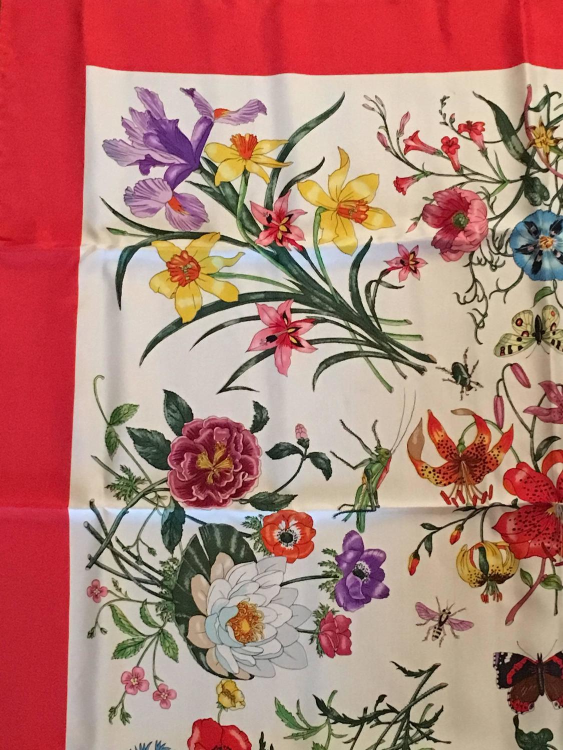 Vintage 1980s Gucci Flora Pattern Scarf with Red Border in Original Box ...