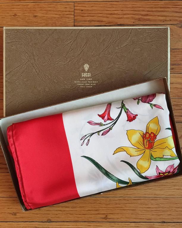 Vintage 1980s Gucci Flora Pattern Scarf with Red Border in Original Box at 1stDibs gucci flora