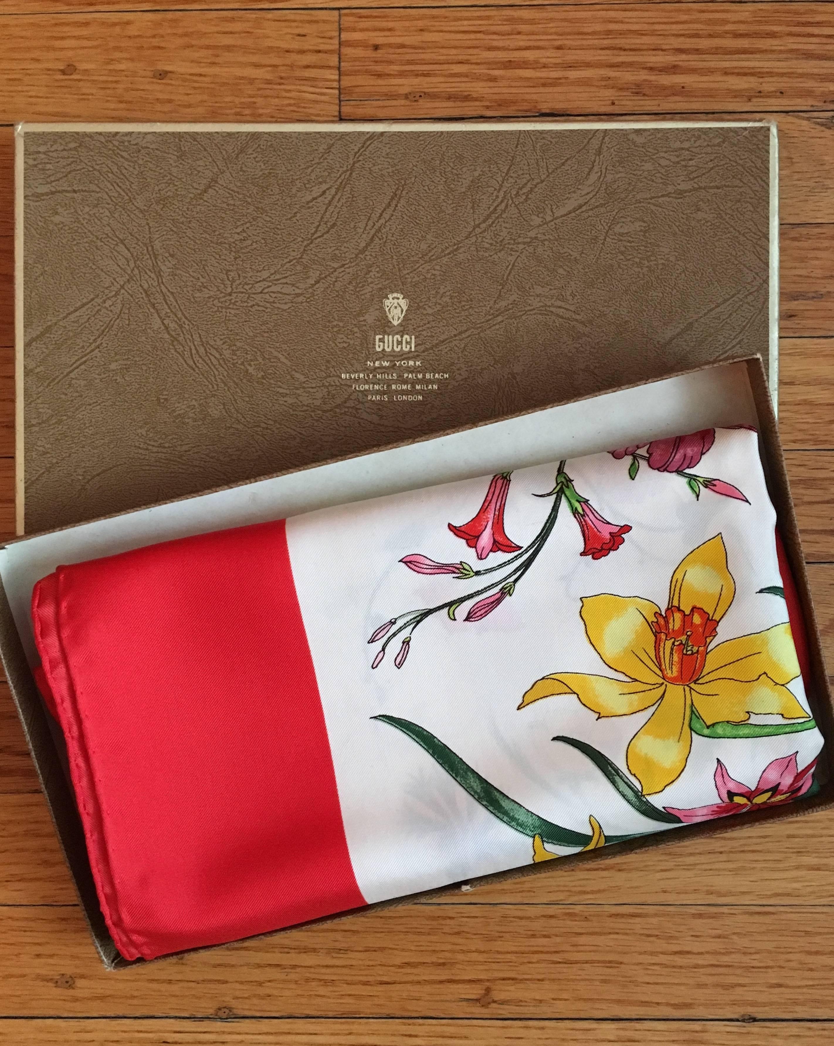 Vintage 1980s Gucci Flora Pattern Scarf with Red Border in Original Box  1