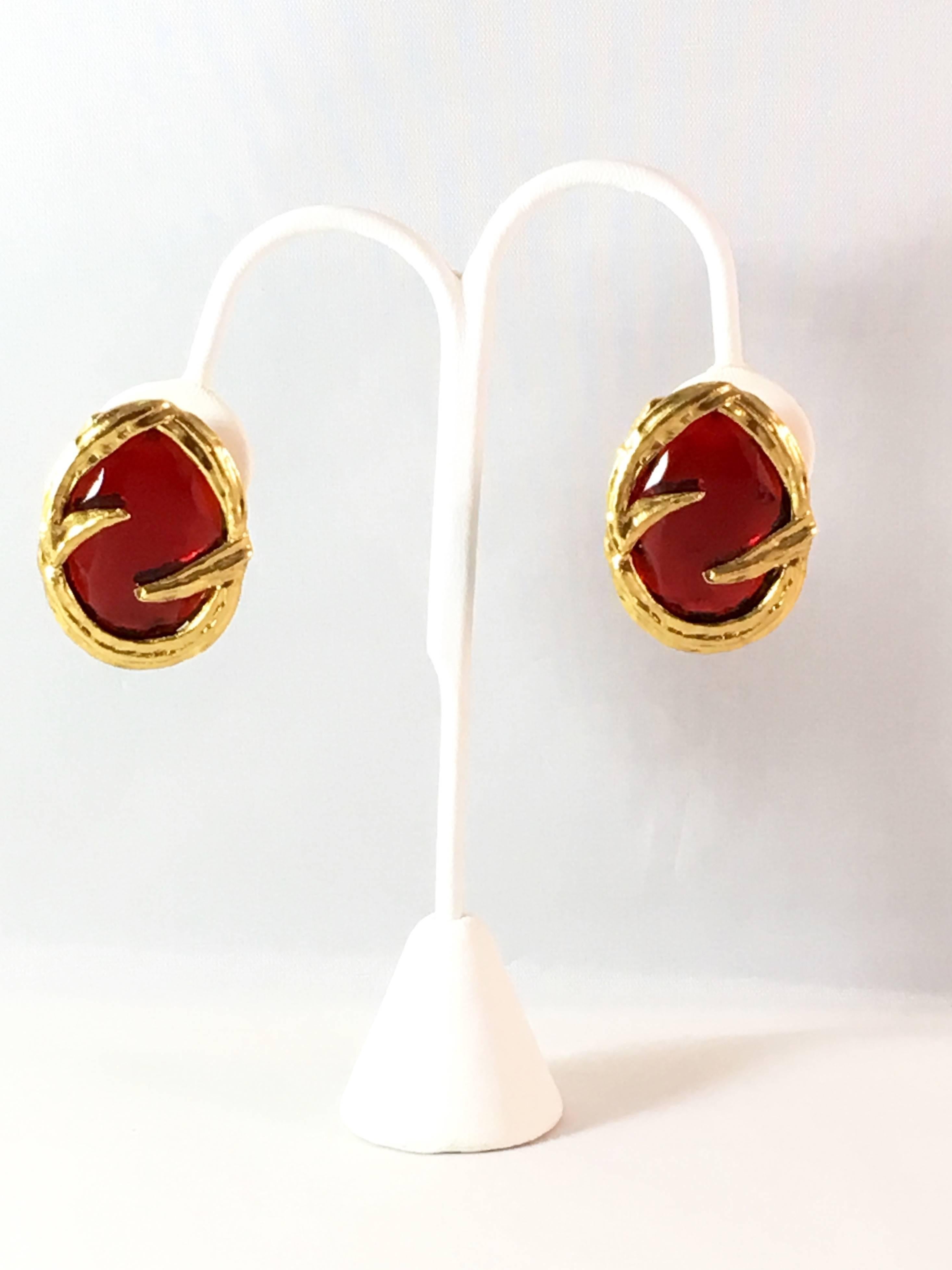 1980s Yves Saint Laurent Red Glass and Goldtone Clip Earrings In Excellent Condition In Chicago, IL