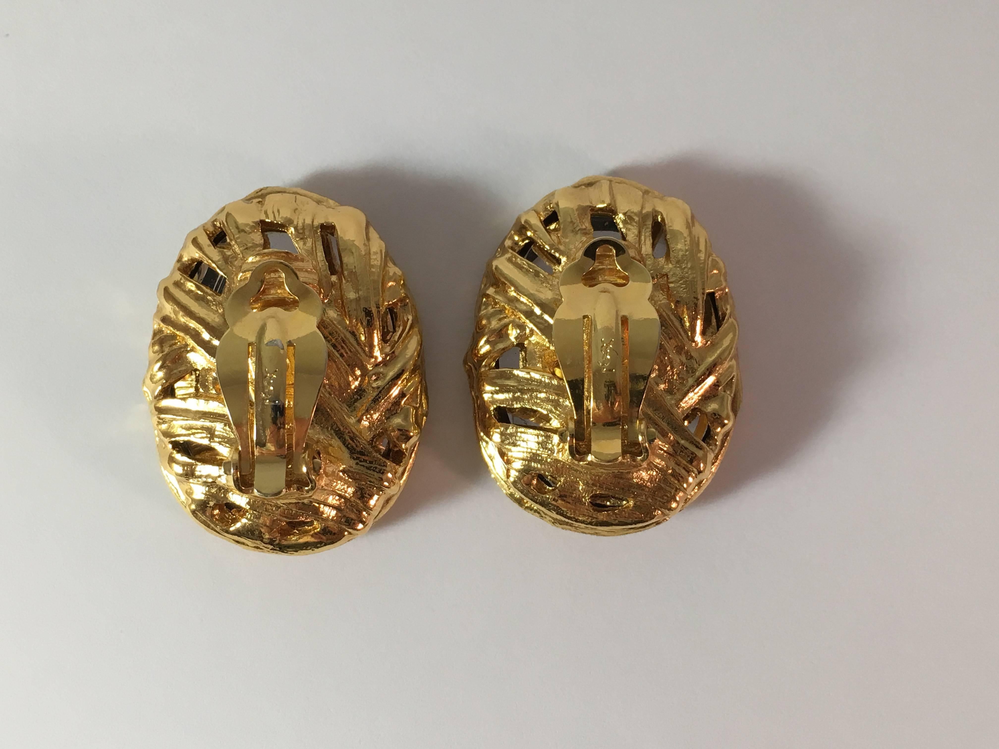 1980s Yves Saint Laurent Red Glass and Goldtone Clip Earrings 1