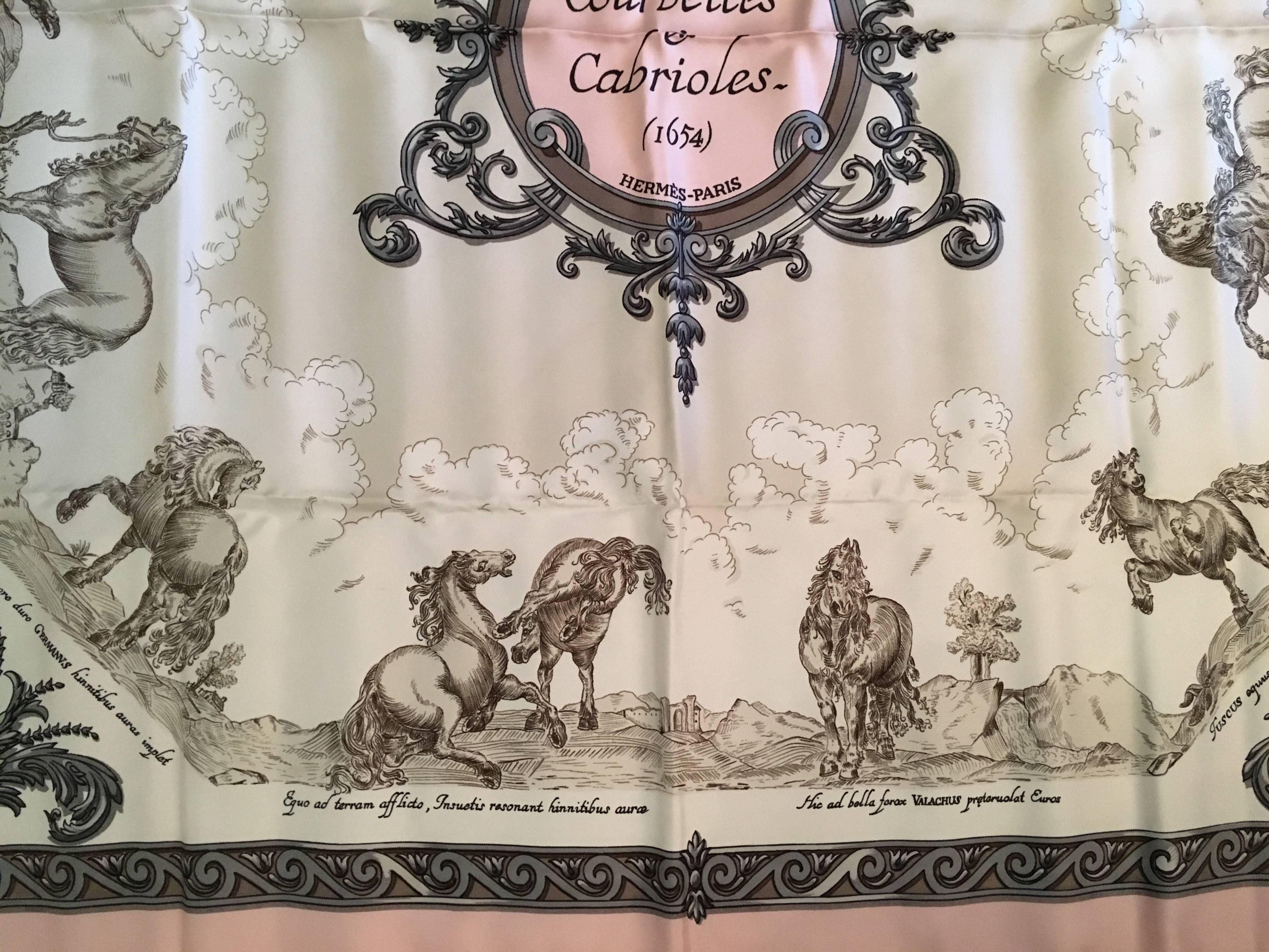 1960s Hermes Pink and Grey Courbettes et Cabrioles Scarf Horses 2