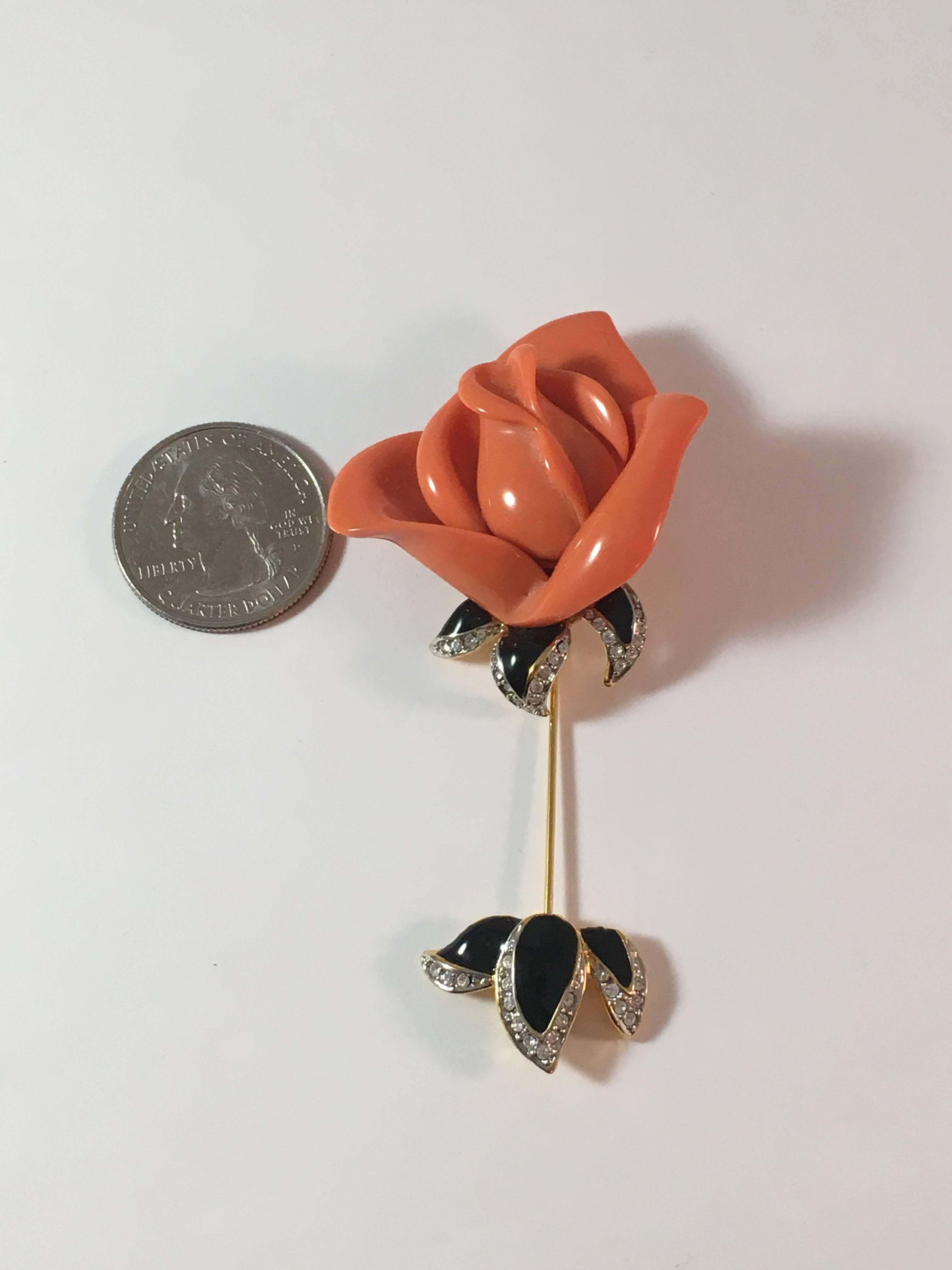 Kenneth Jay Lane Coral Colored Rose Stick Pin In Excellent Condition For Sale In Chicago, IL