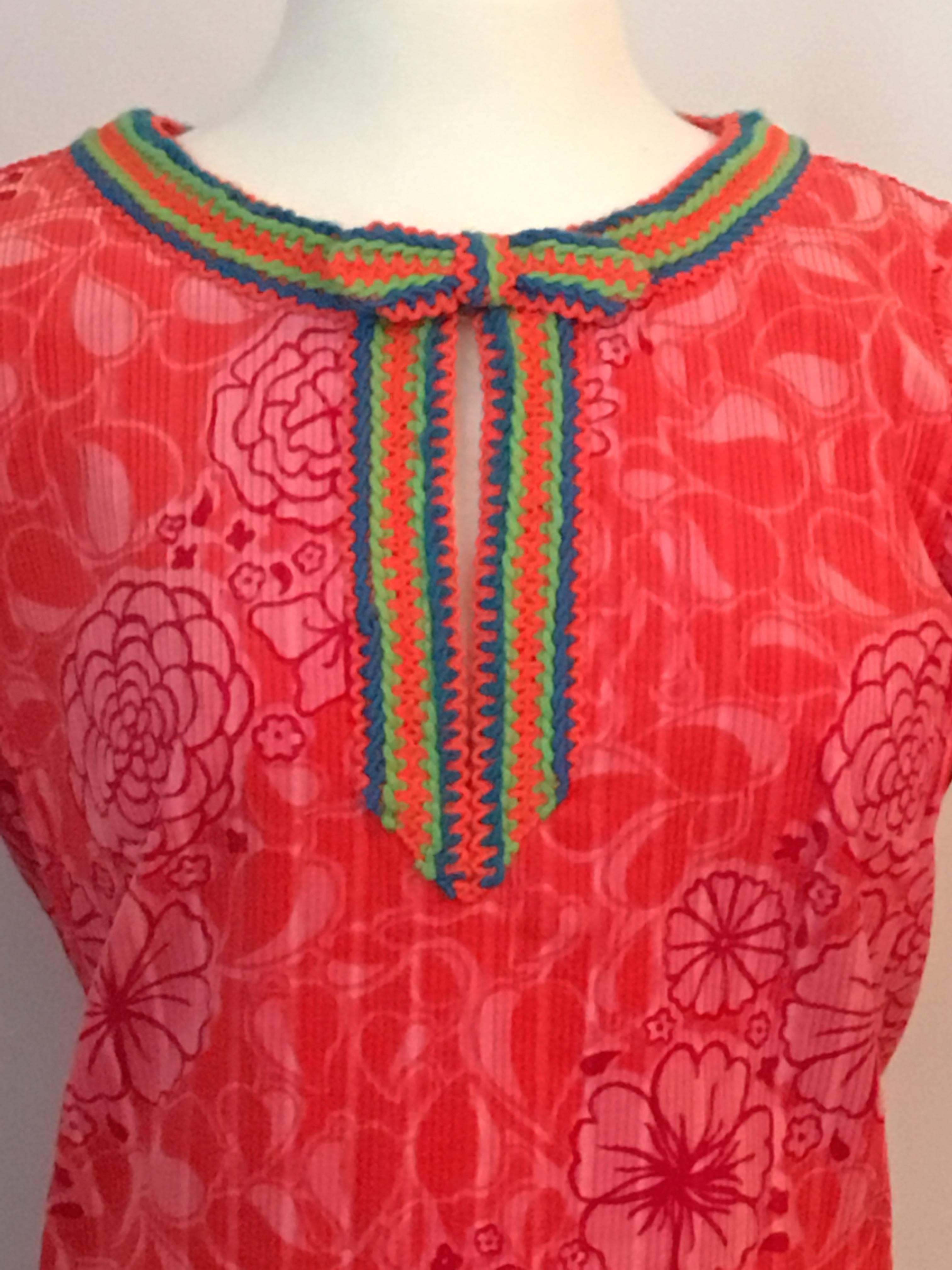 Red 1960s Lilly Pulitzer Floral Printed Corduroy Caftan with Striped Trim For Sale