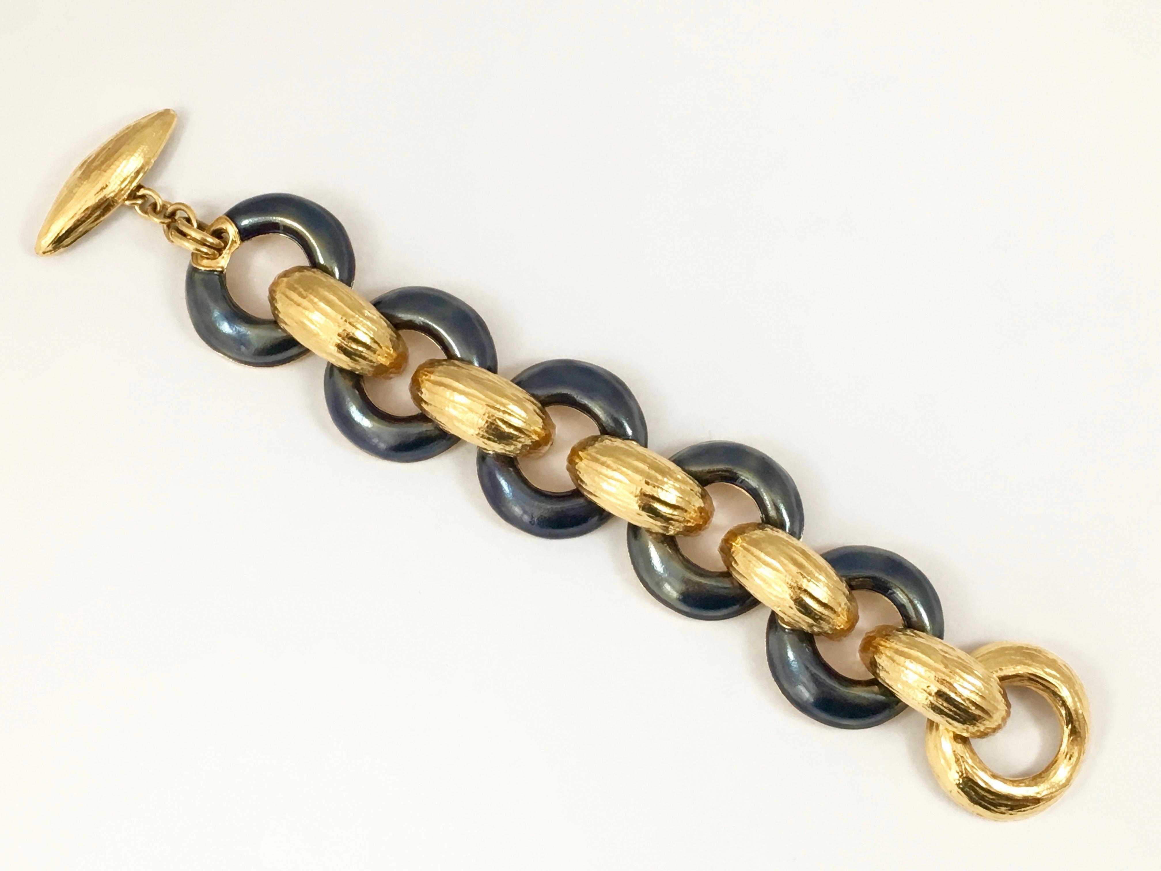 Yves Saint Laurent Goldtone and Bluish Gray Enamel Rive Gauche Bracelet, 1980s  In Excellent Condition In Chicago, IL