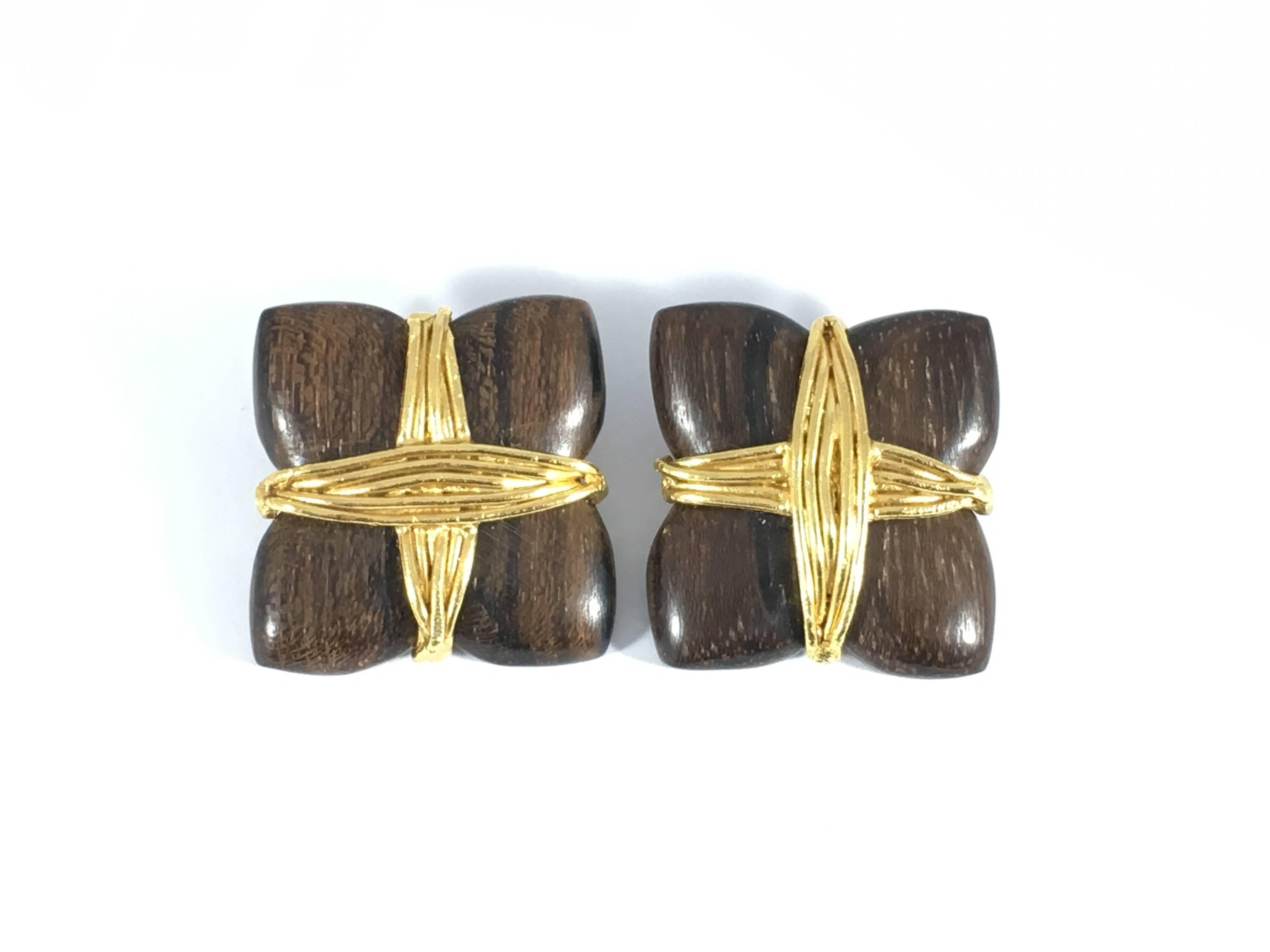 1980s Yves Saint Laurent Rive Gauche Wooden and Goldtone Earrings In Excellent Condition In Chicago, IL
