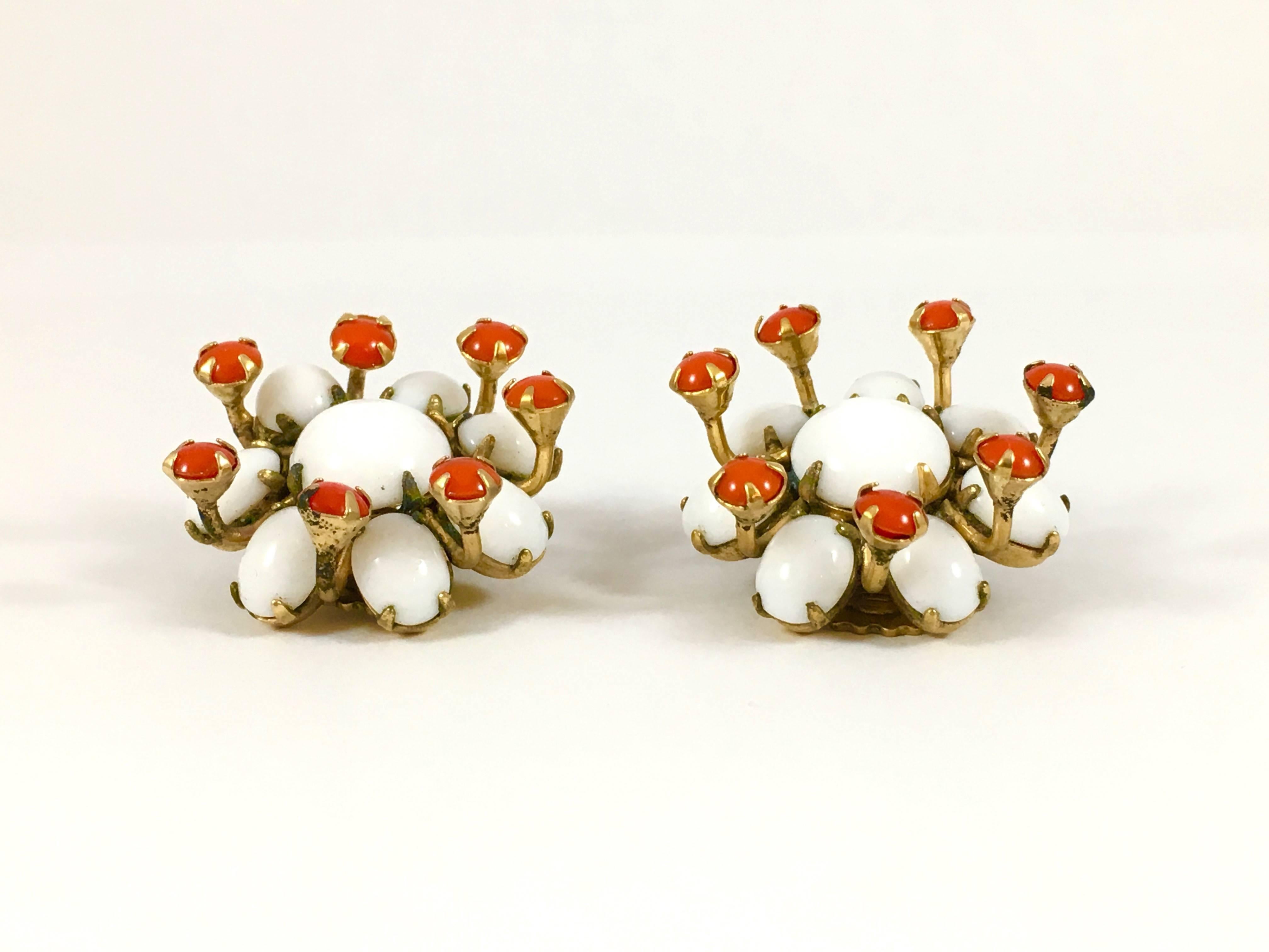 1950s Schreiner White and Orange Brooch and Earring Set 1