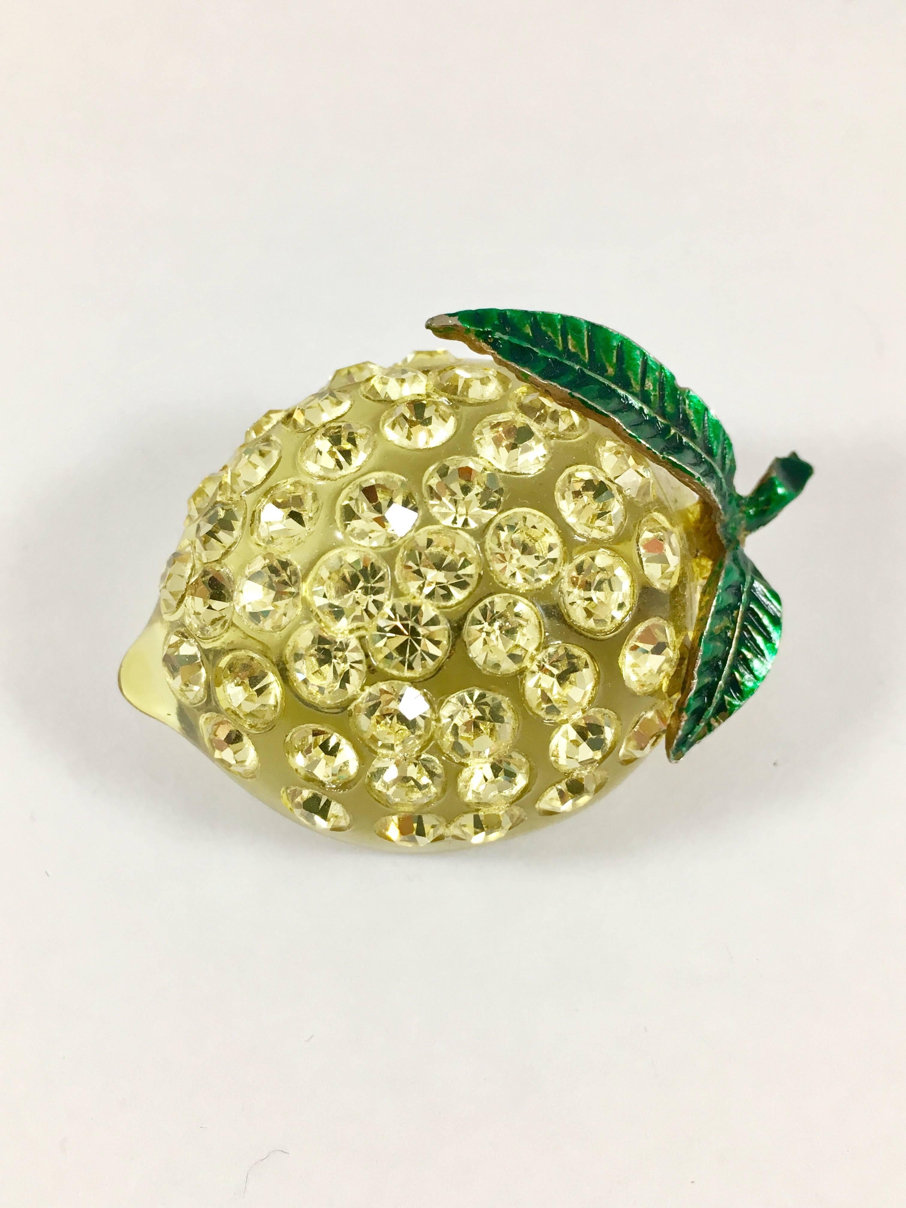 1940s Lucite and Rhinestone Lemon Brooch In Excellent Condition In Chicago, IL