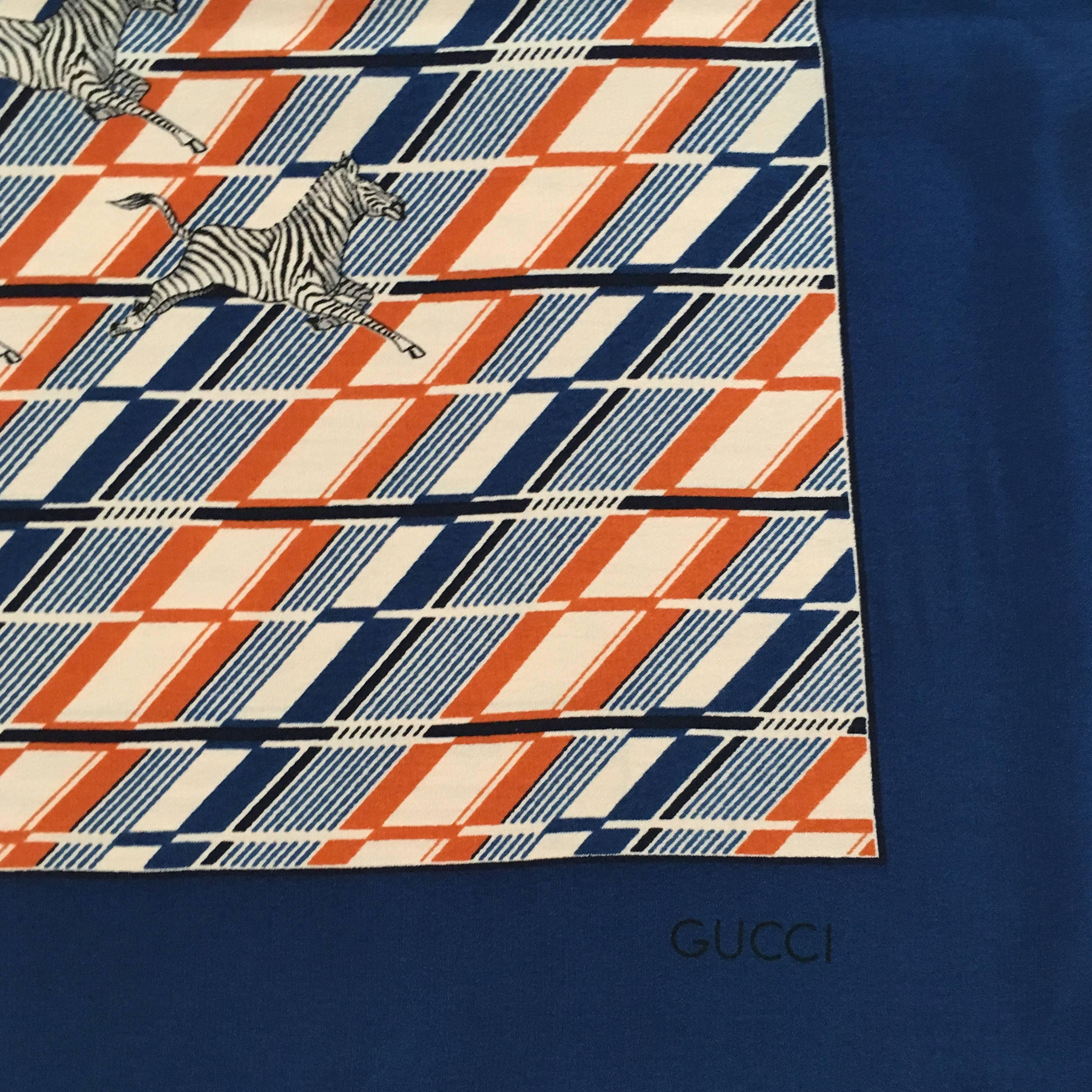 1970s Gucci Zebra Scarf Navy, White and Orange 1