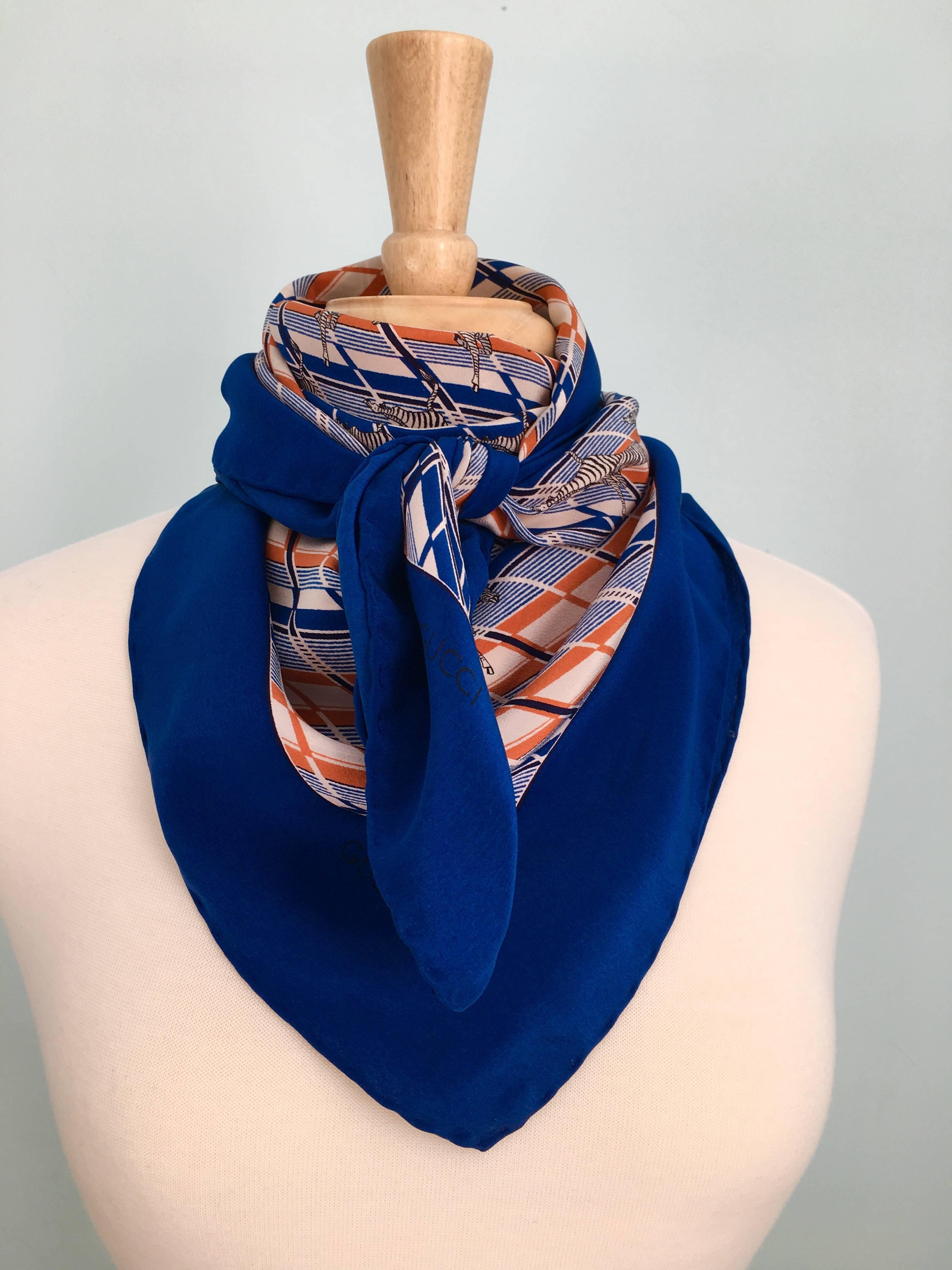1970s Gucci Zebra Scarf Navy, White and Orange 3