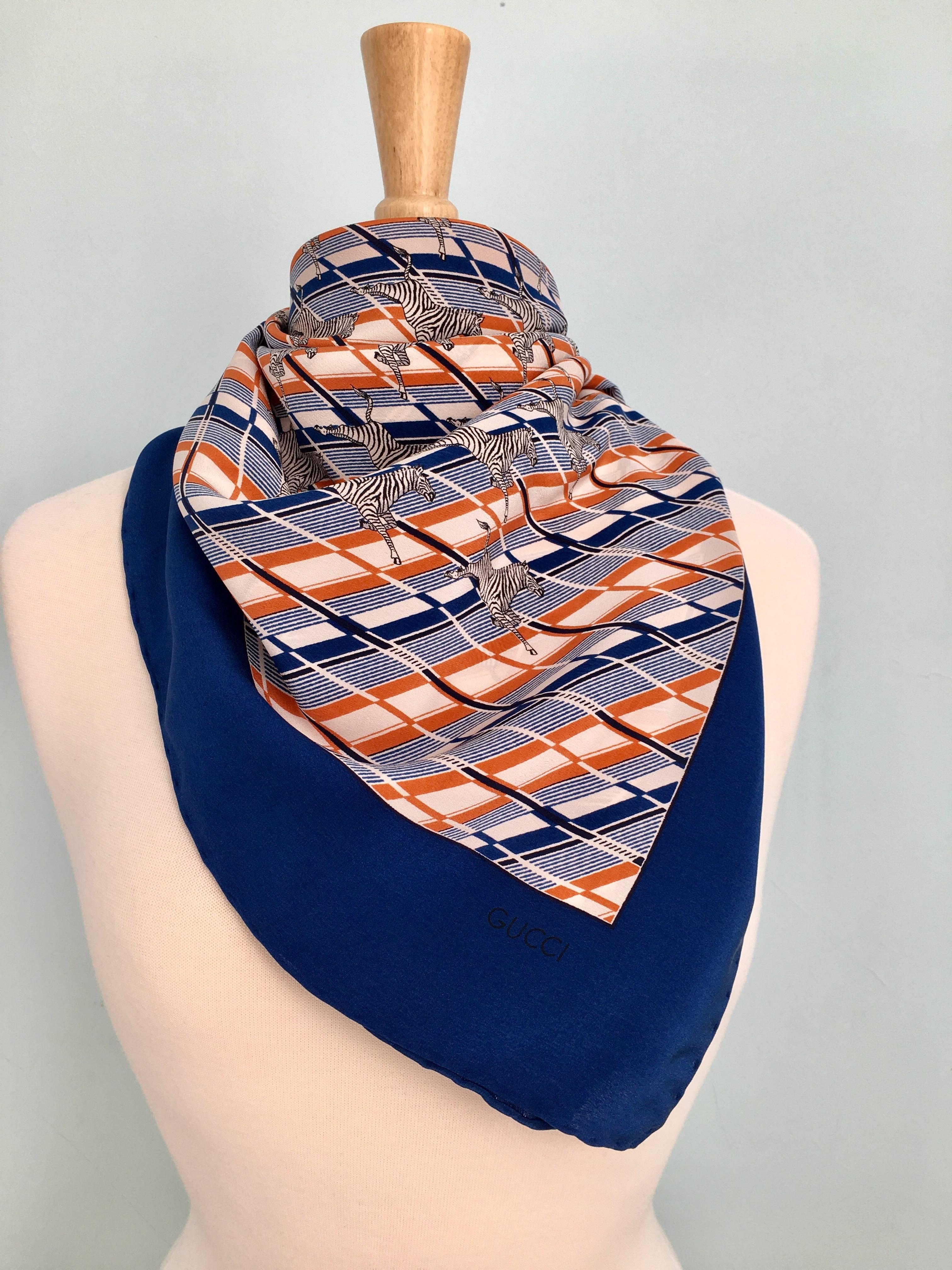 1970s Gucci Zebra Scarf Navy, White and Orange 2